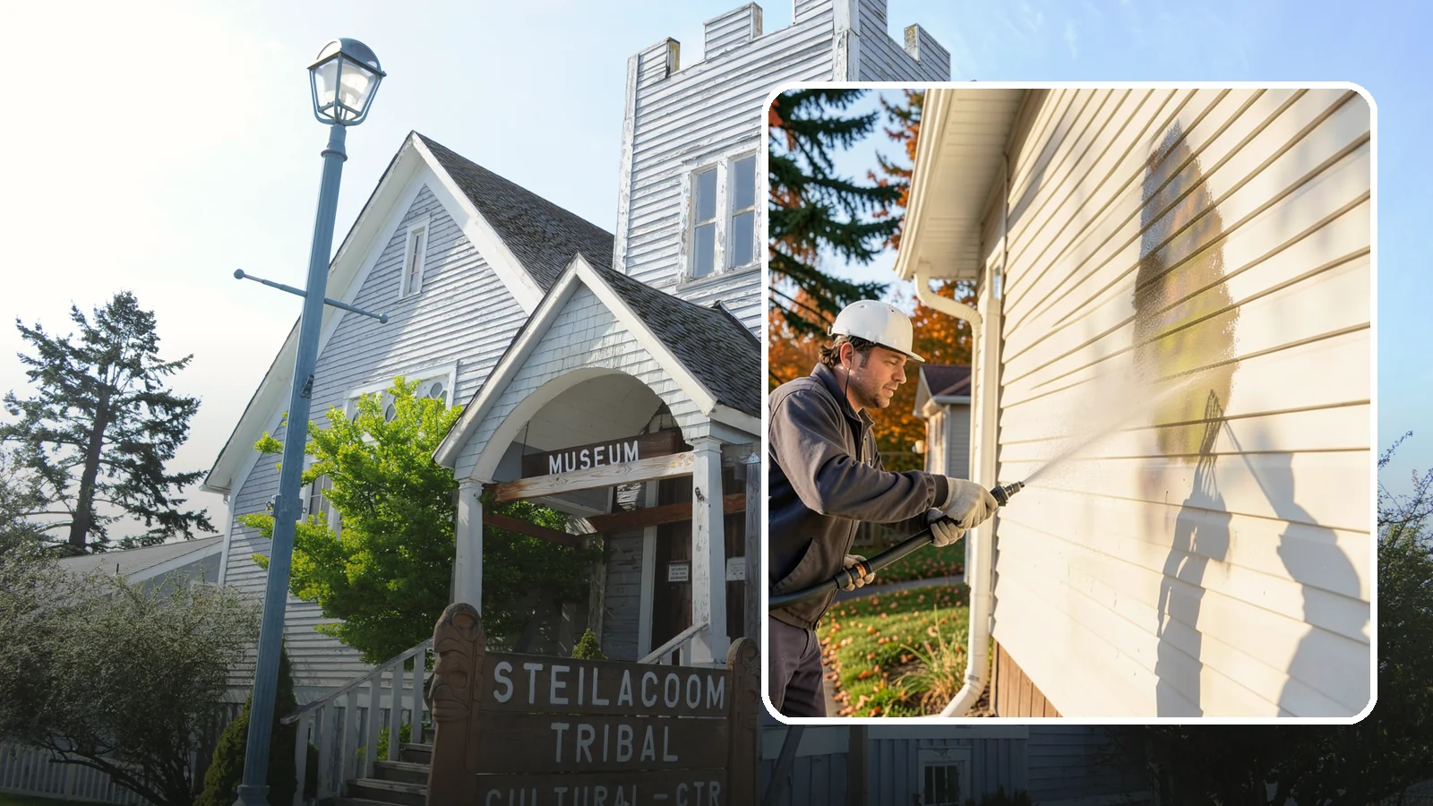 Vinyl Siding Washing in Steilacoom, Pierce County, WA - Vinyl siding washing clears the chalky oxidation and green algae streaks that our wet climate leaves on panel seams and shaded...