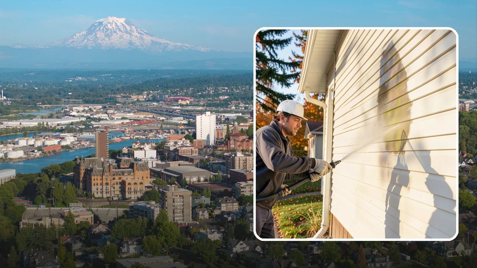 Vinyl Siding Washing in Tacoma, Pierce County, WA - Vinyl siding washing clears the chalky oxidation and green algae streaks that our wet climate leaves on panel seams and shaded...