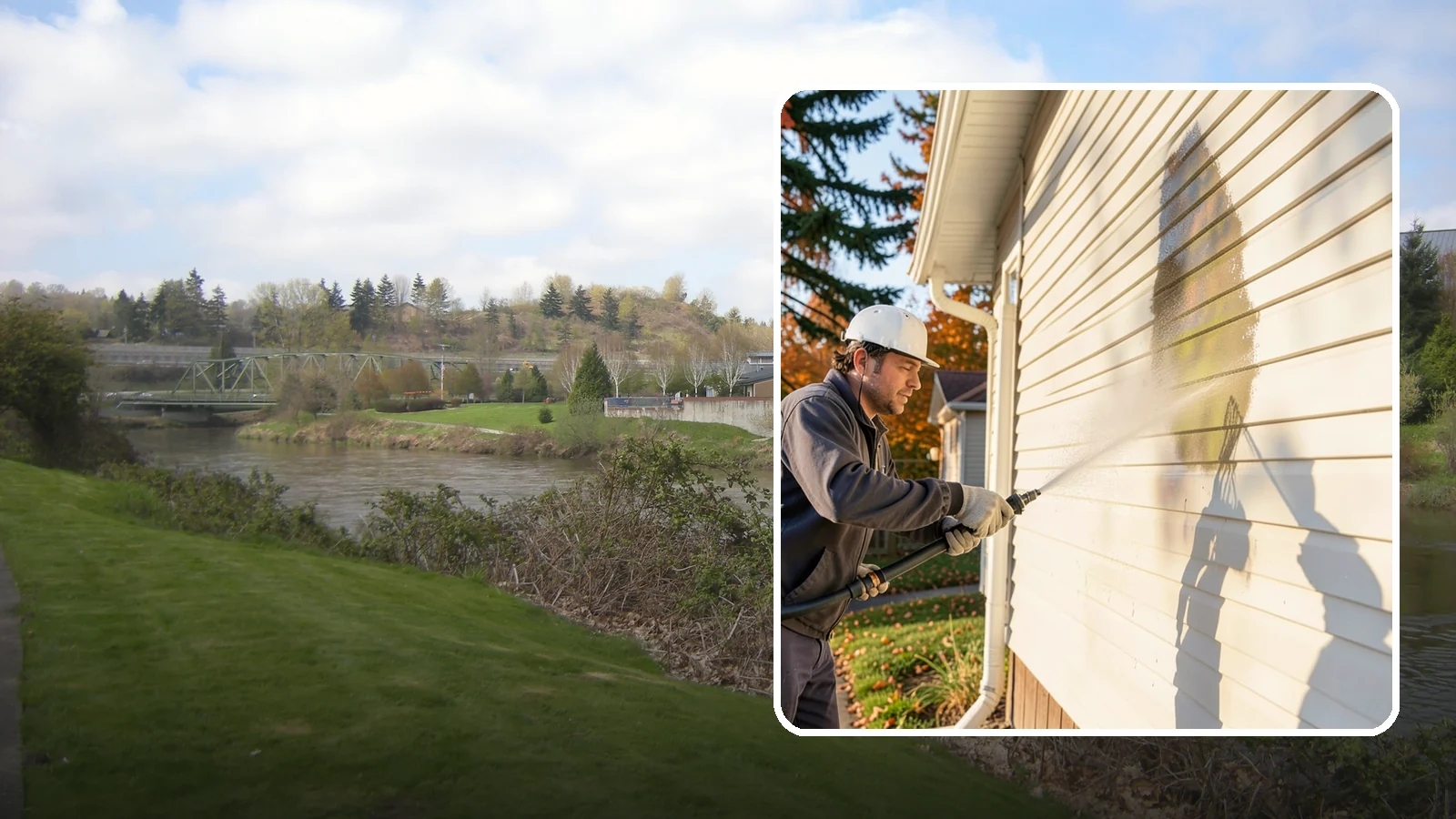 Vinyl Siding Washing in Tukwila, King County, WA - Vinyl siding washing clears the chalky oxidation and green algae streaks that our wet climate leaves on panel seams and shaded...