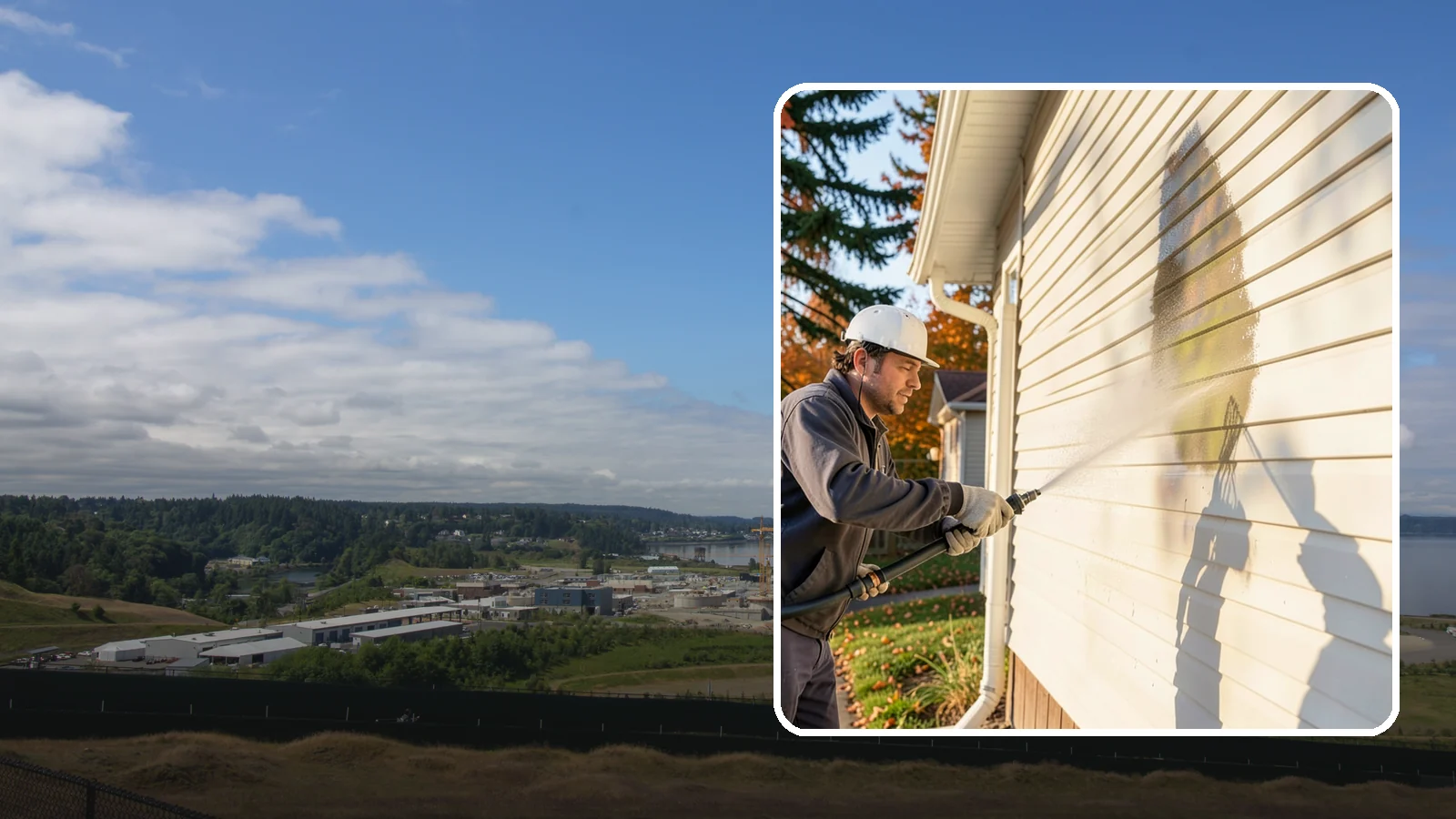 Vinyl Siding Washing in University Place, Pierce County, WA - Vinyl siding washing clears the chalky oxidation and green algae streaks that our wet climate leaves on panel seams and shaded...