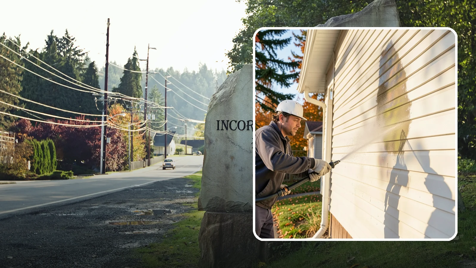 Vinyl Siding Washing in Wilkeson, Pierce County, WA - Vinyl siding washing clears the chalky oxidation and green algae streaks that our wet climate leaves on panel seams and shaded...