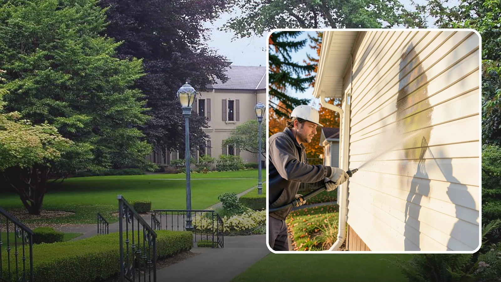 Vinyl Siding Washing in Woodinville, King County, WA - Vinyl siding washing clears the chalky oxidation and green algae streaks that our wet climate leaves on panel seams and shaded...