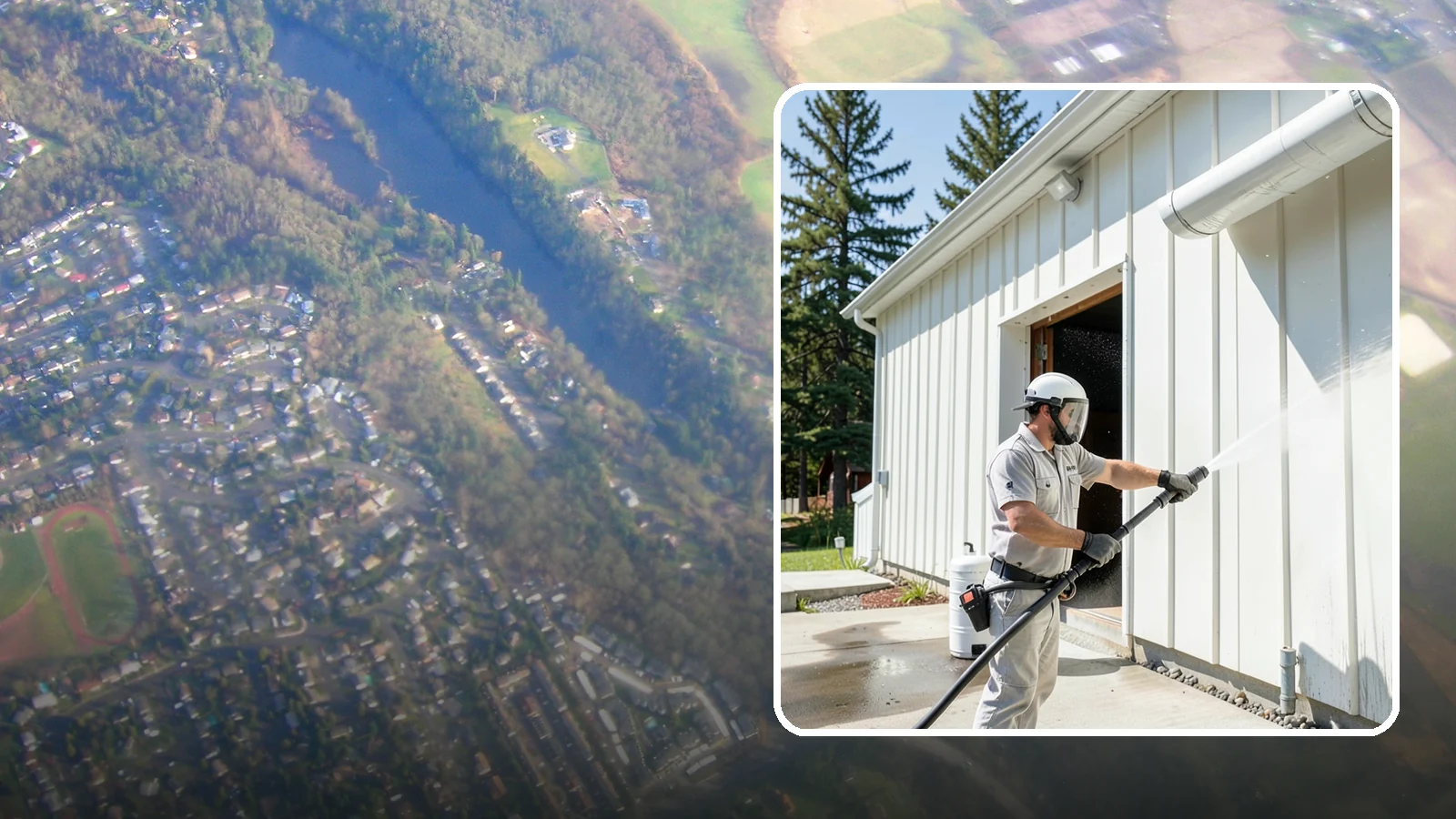 Warehouse Exterior Cleaning in Algona, King County, WA - Large-scale washing of warehouse walls, loading areas, and dock aprons that strips road film, diesel soot, and Northwest algae...