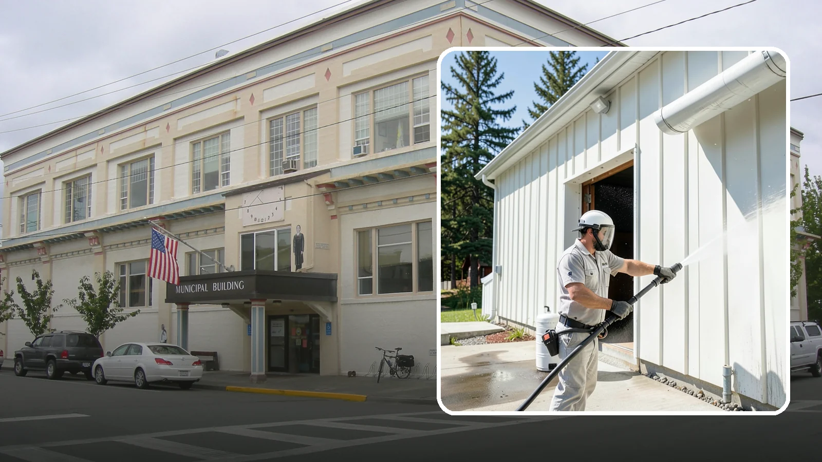 Warehouse Exterior Cleaning in Anacortes, Skagit County, WA - Large-scale washing of warehouse walls, loading areas, and dock aprons that strips road film, diesel soot, and Northwest algae...