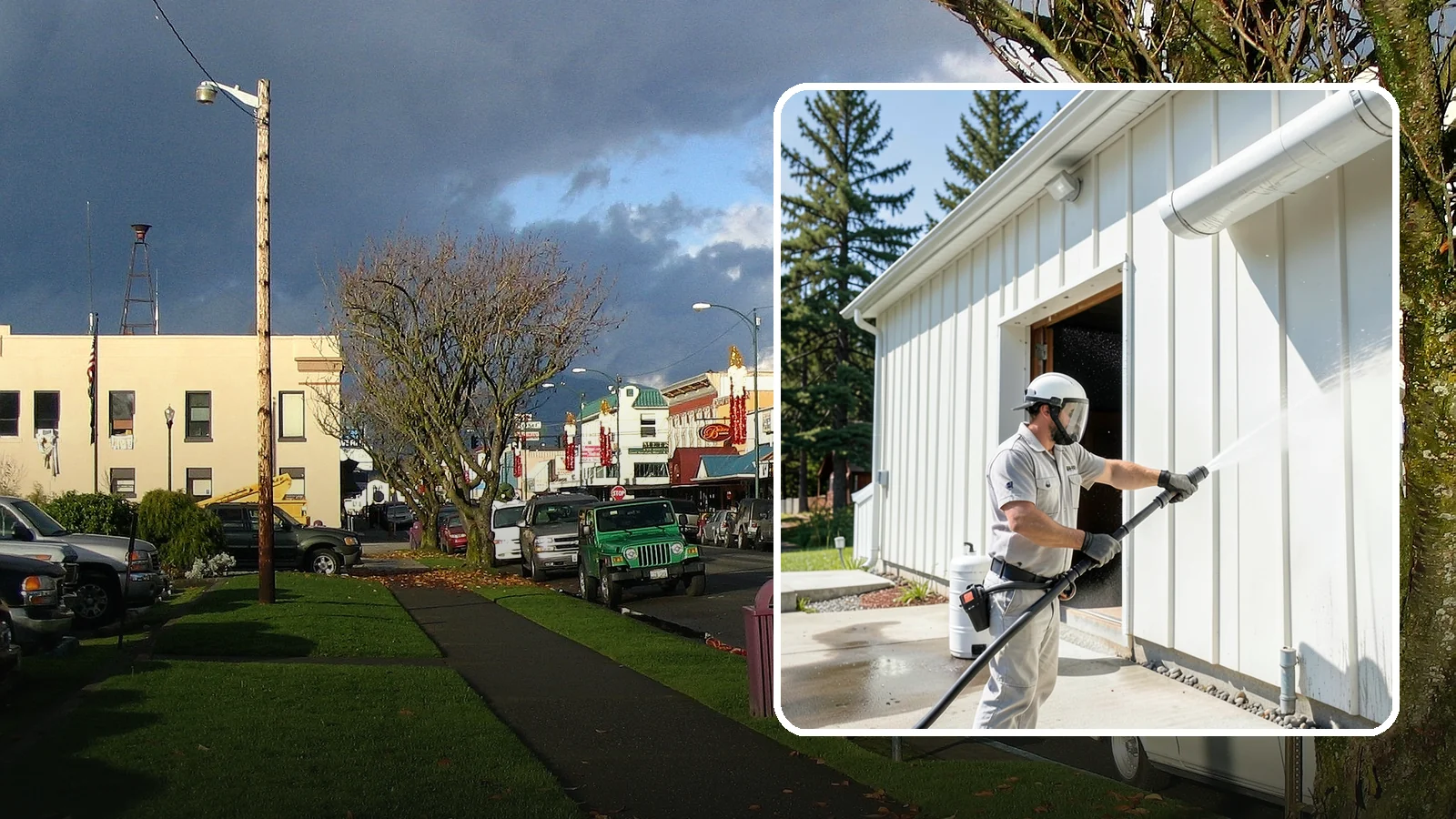 Warehouse Exterior Cleaning in Arlington, Snohomish County, WA - Large-scale washing of warehouse walls, loading areas, and dock aprons that strips road film, diesel soot, and Northwest algae...