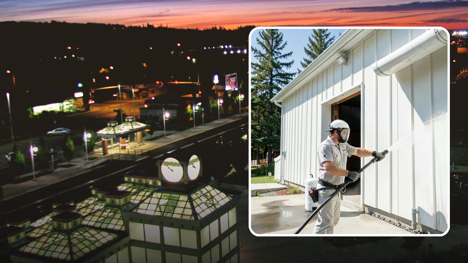 Warehouse Exterior Cleaning in Auburn, King County, WA - Large-scale washing of warehouse walls, loading areas, and dock aprons that strips road film, diesel soot, and Northwest algae...