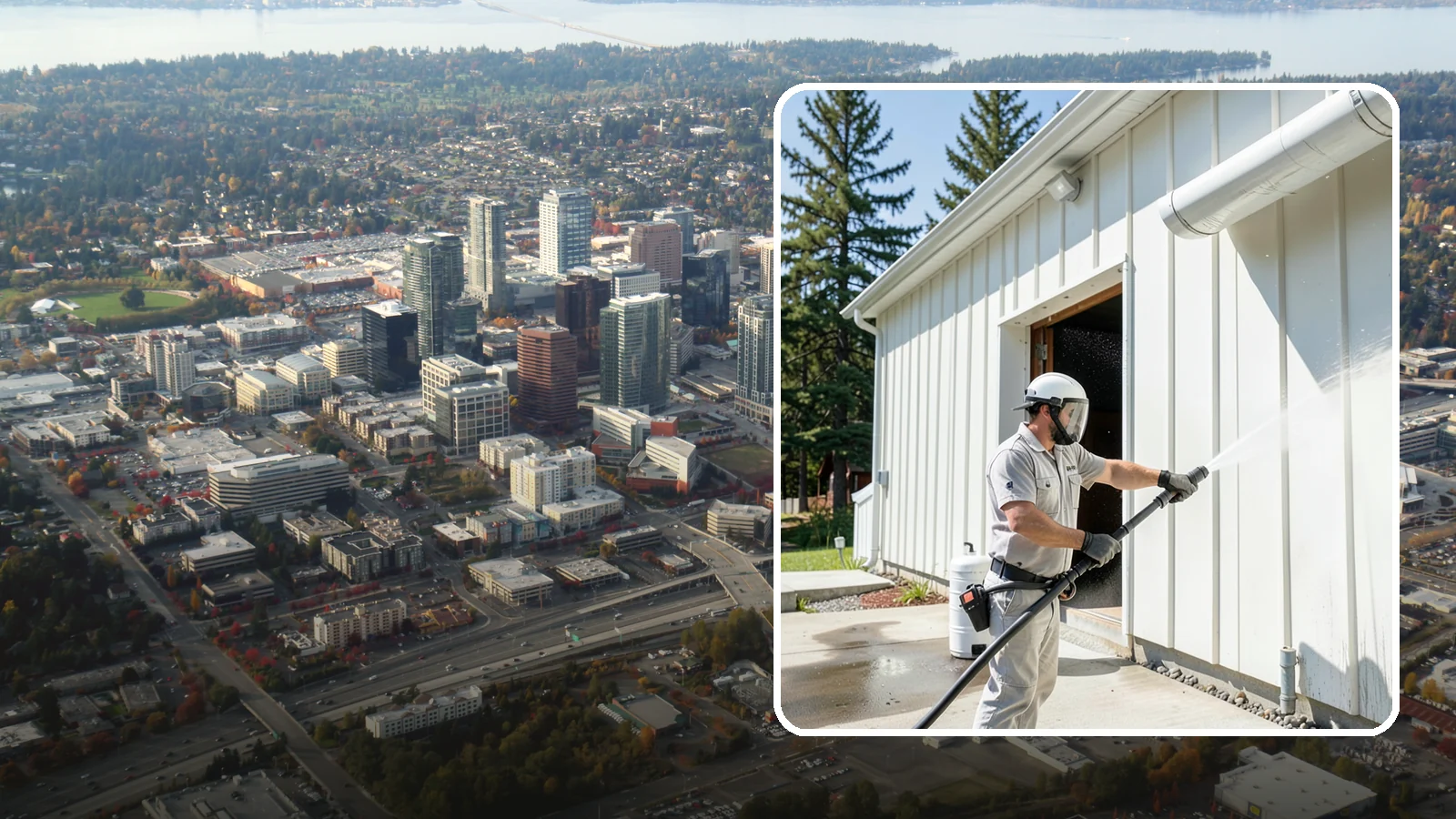 Warehouse Exterior Cleaning in Bellevue, King County, WA - Large-scale washing of warehouse walls, loading areas, and dock aprons that strips road film, diesel soot, and Northwest algae...