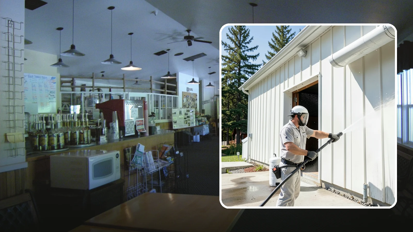 Warehouse Exterior Cleaning in Black Diamond, King County, WA - Large-scale washing of warehouse walls, loading areas, and dock aprons that strips road film, diesel soot, and Northwest algae...