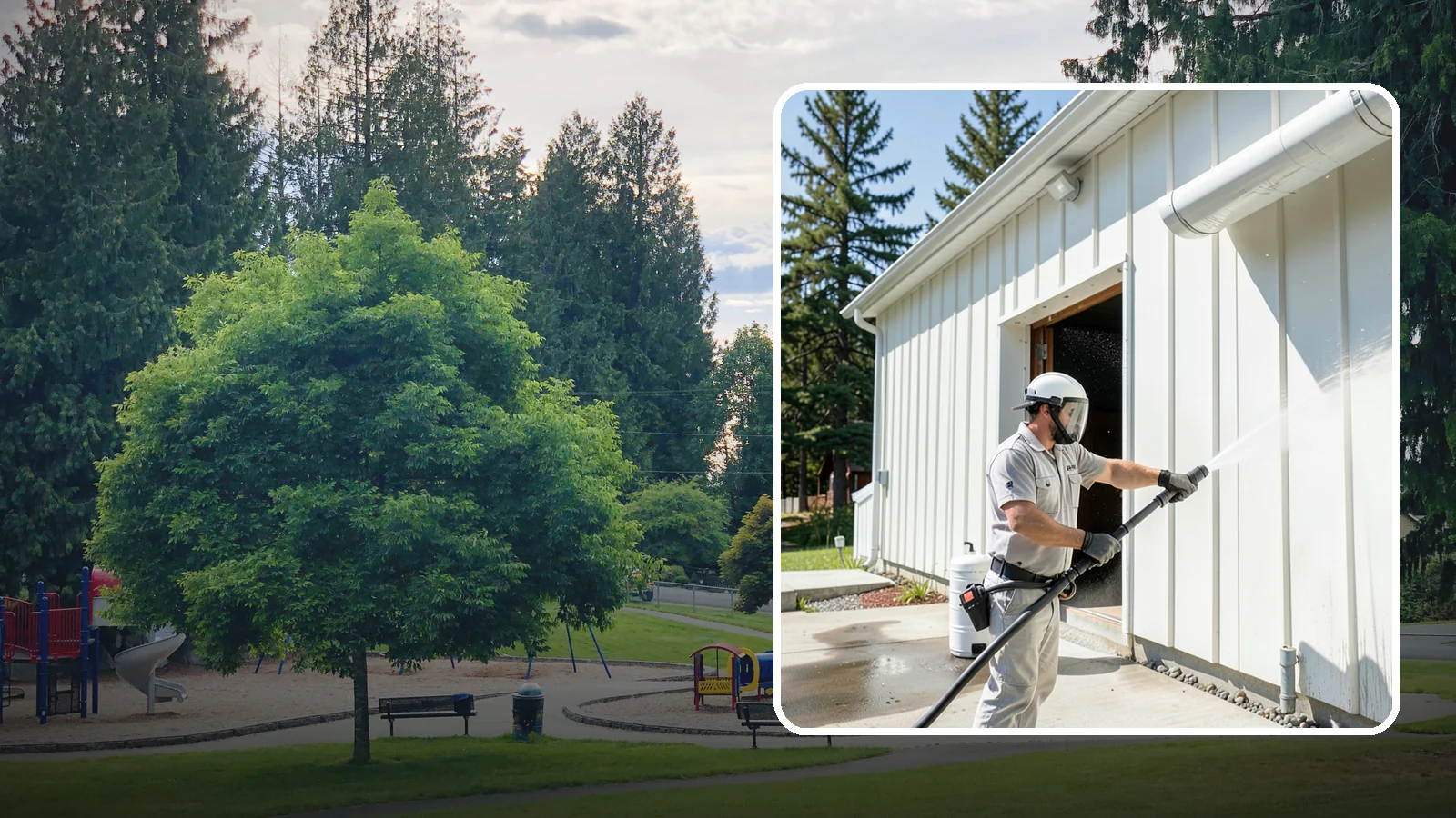 Warehouse Exterior Cleaning in Bonney Lake, Pierce County, WA - Large-scale washing of warehouse walls, loading areas, and dock aprons that strips road film, diesel soot, and Northwest algae...