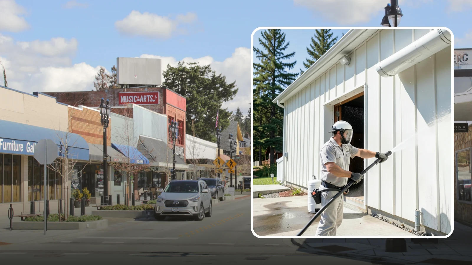 Warehouse Exterior Cleaning in Bothell, King County, WA - Large-scale washing of warehouse walls, loading areas, and dock aprons that strips road film, diesel soot, and Northwest algae...