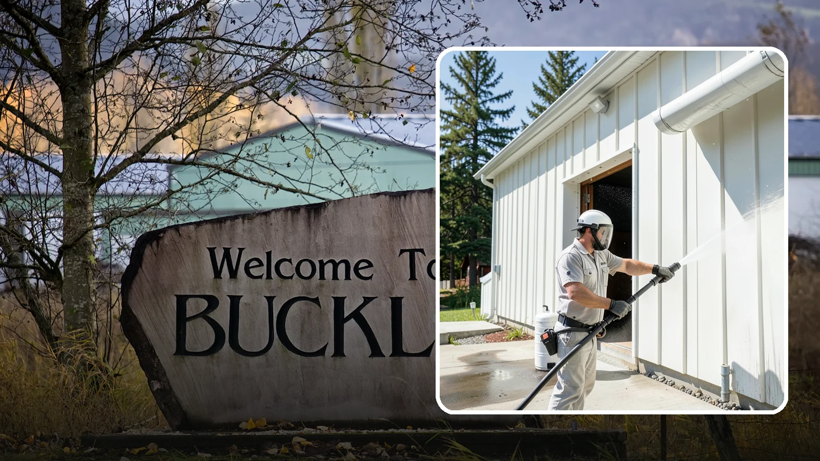 Warehouse Exterior Cleaning in Buckley, Pierce County, WA - Large-scale washing of warehouse walls, loading areas, and dock aprons that strips road film, diesel soot, and Northwest algae...