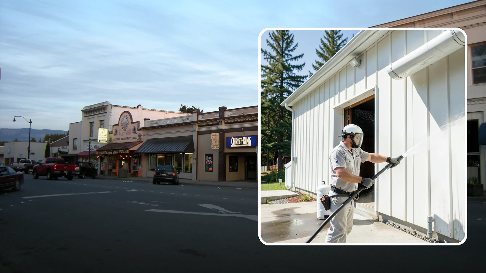 Warehouse Exterior Cleaning in Burlington, Skagit County, WA - Large-scale washing of warehouse walls, loading areas, and dock aprons that strips road film, diesel soot, and Northwest algae...