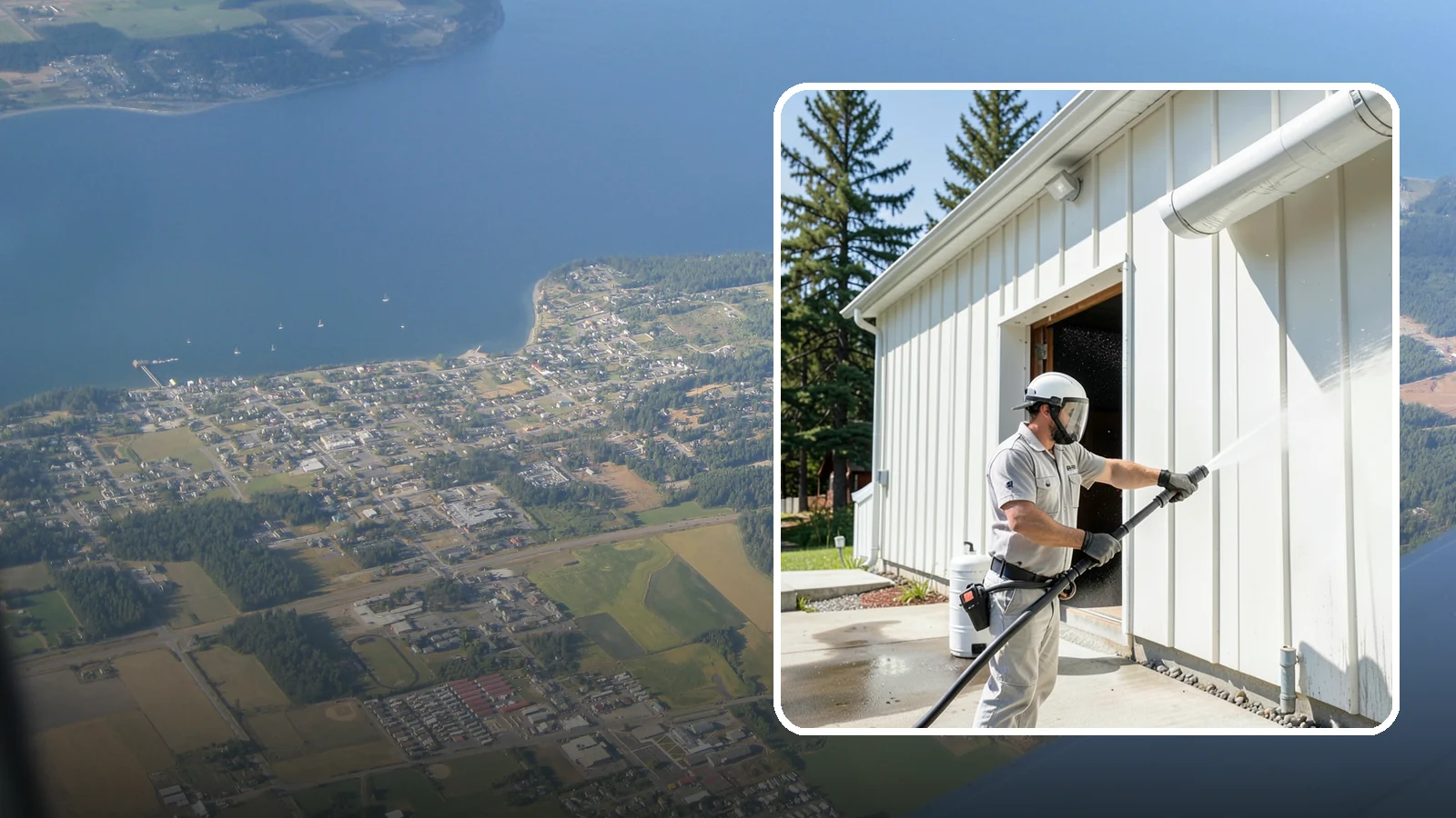 Warehouse Exterior Cleaning in Coupeville, Island County, WA - Large-scale washing of warehouse walls, loading areas, and dock aprons that strips road film, diesel soot, and Northwest algae...