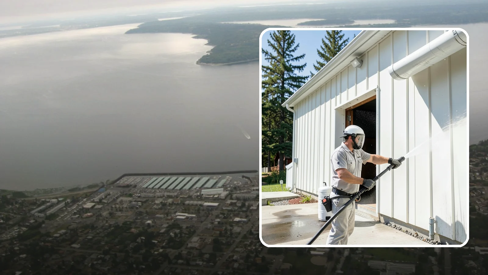 Warehouse Exterior Cleaning in Des Moines, King County, WA - Large-scale washing of warehouse walls, loading areas, and dock aprons that strips road film, diesel soot, and Northwest algae...