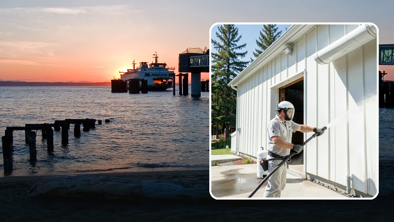 Warehouse Exterior Cleaning in Edmonds, Snohomish County, WA - Large-scale washing of warehouse walls, loading areas, and dock aprons that strips road film, diesel soot, and Northwest algae...