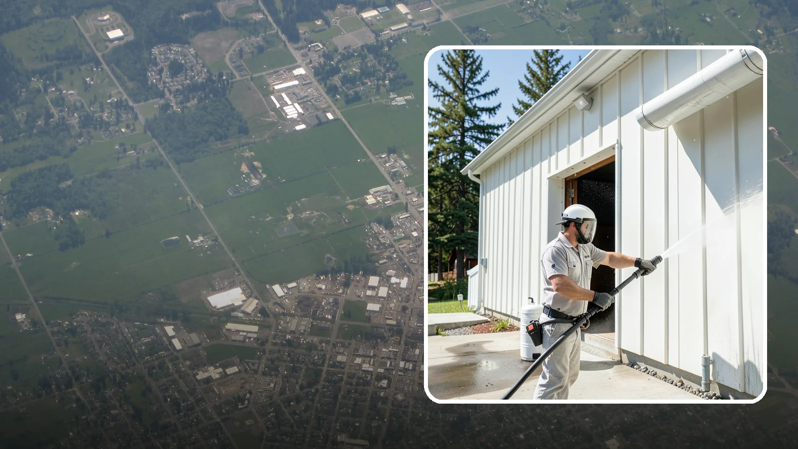 Warehouse Exterior Cleaning in Enumclaw, King County, WA - Large-scale washing of warehouse walls, loading areas, and dock aprons that strips road film, diesel soot, and Northwest algae...