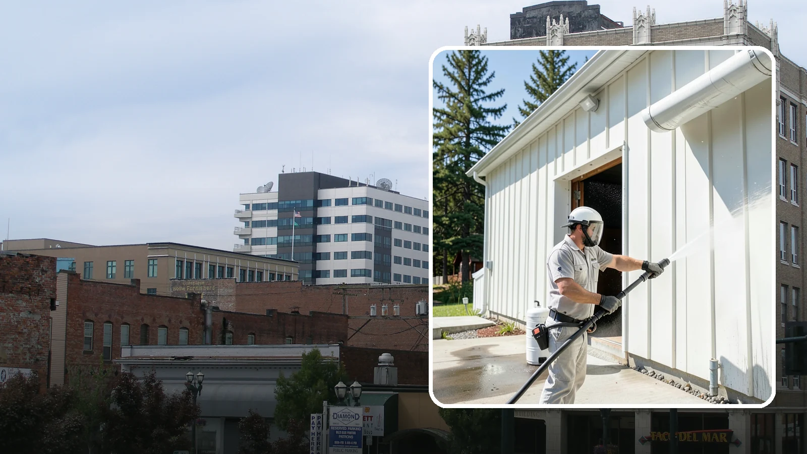 Warehouse Exterior Cleaning in Everett, Snohomish County, WA - Large-scale washing of warehouse walls, loading areas, and dock aprons that strips road film, diesel soot, and Northwest algae...