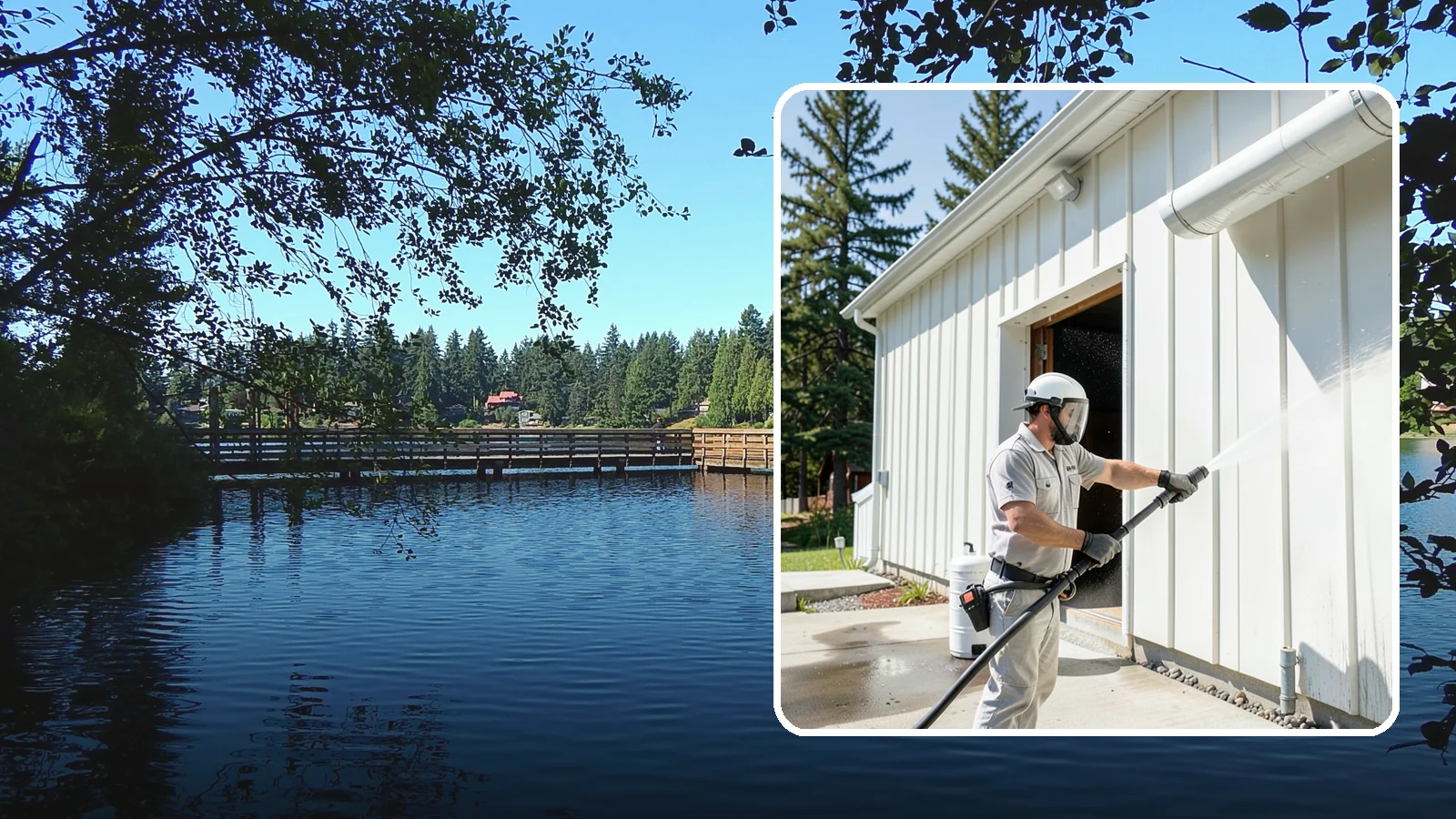 Warehouse Exterior Cleaning in Federal Way, King County, WA - Large-scale washing of warehouse walls, loading areas, and dock aprons that strips road film, diesel soot, and Northwest algae...