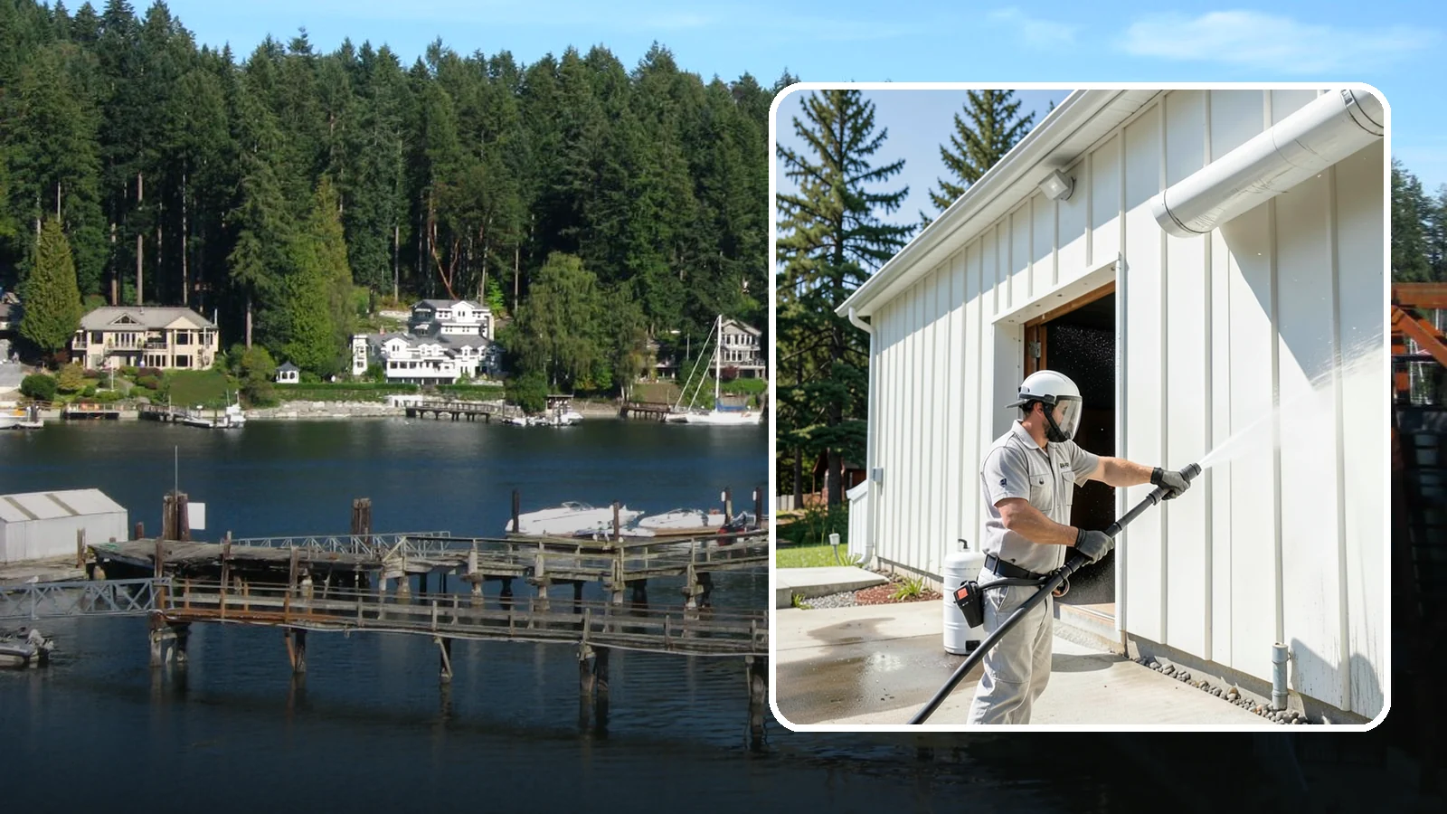Warehouse Exterior Cleaning in Gig Harbor, Pierce County, WA - Large-scale washing of warehouse walls, loading areas, and dock aprons that strips road film, diesel soot, and Northwest algae...