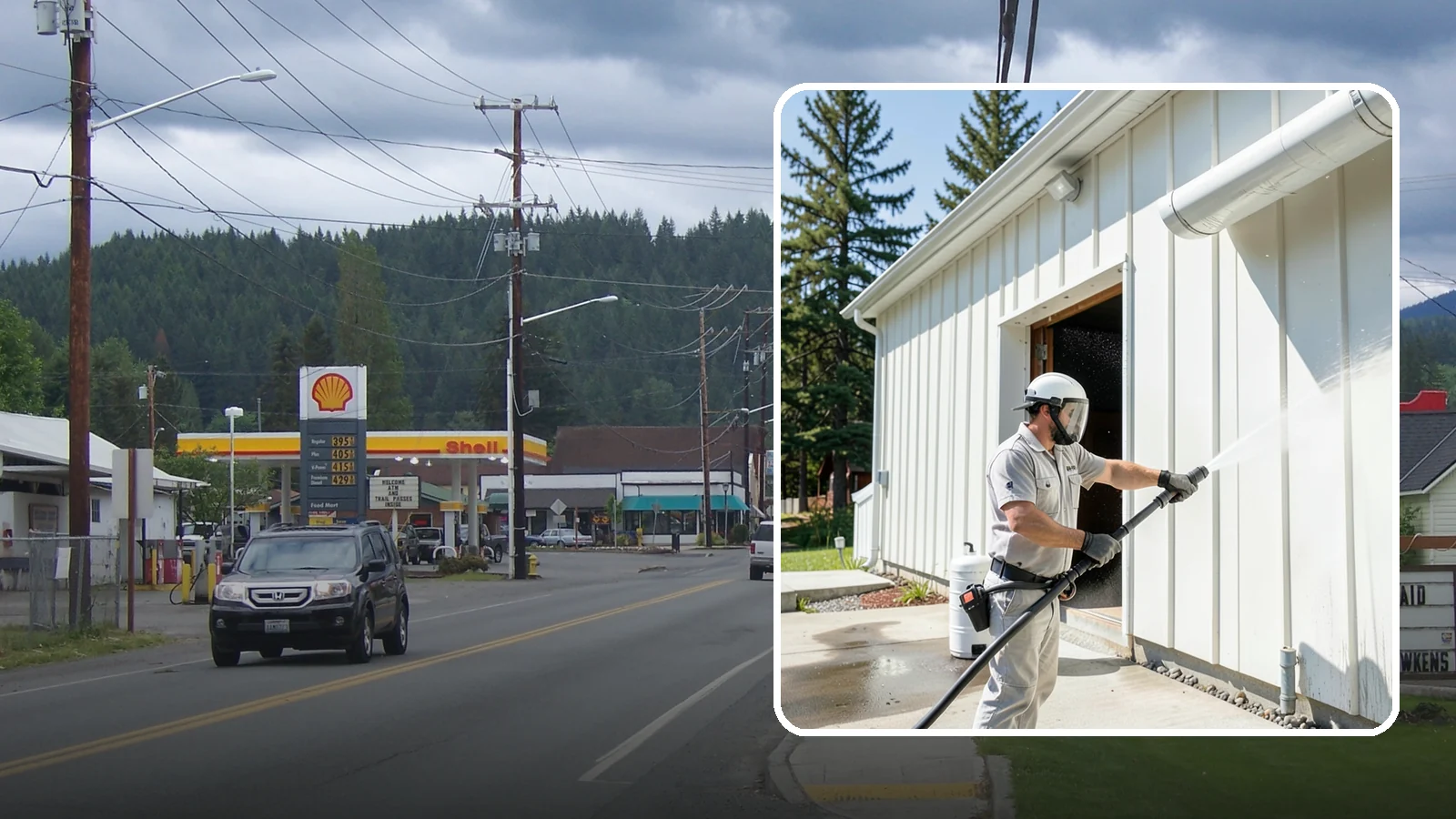 Warehouse Exterior Cleaning in Granite Falls, Snohomish County, WA - Large-scale washing of warehouse walls, loading areas, and dock aprons that strips road film, diesel soot, and Northwest algae...