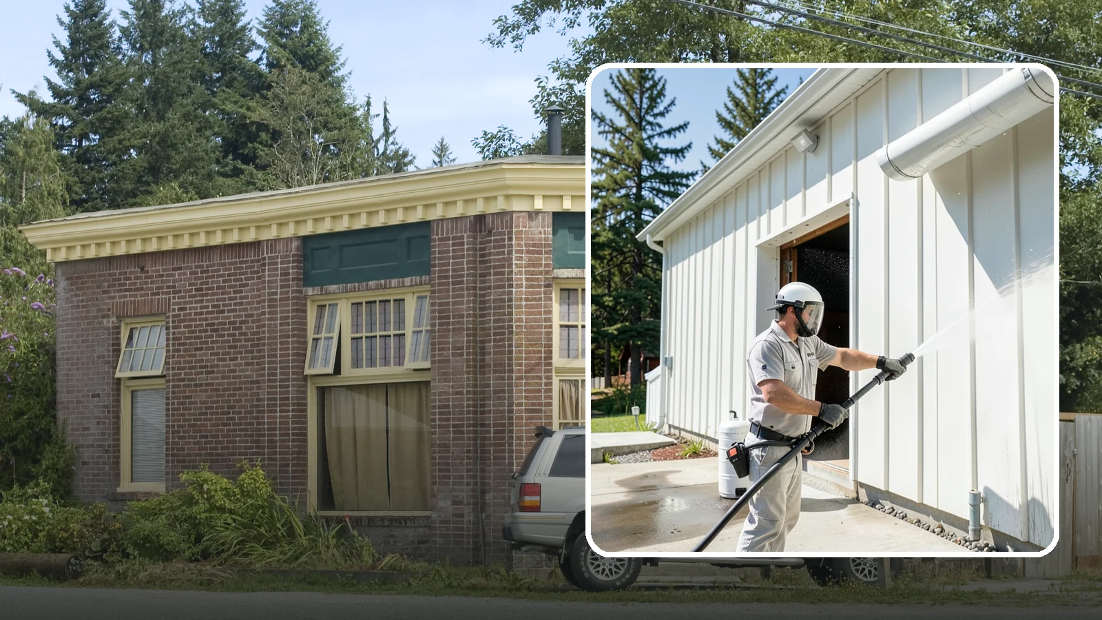Warehouse Exterior Cleaning in Hamilton, Skagit County, WA - Large-scale washing of warehouse walls, loading areas, and dock aprons that strips road film, diesel soot, and Northwest algae...