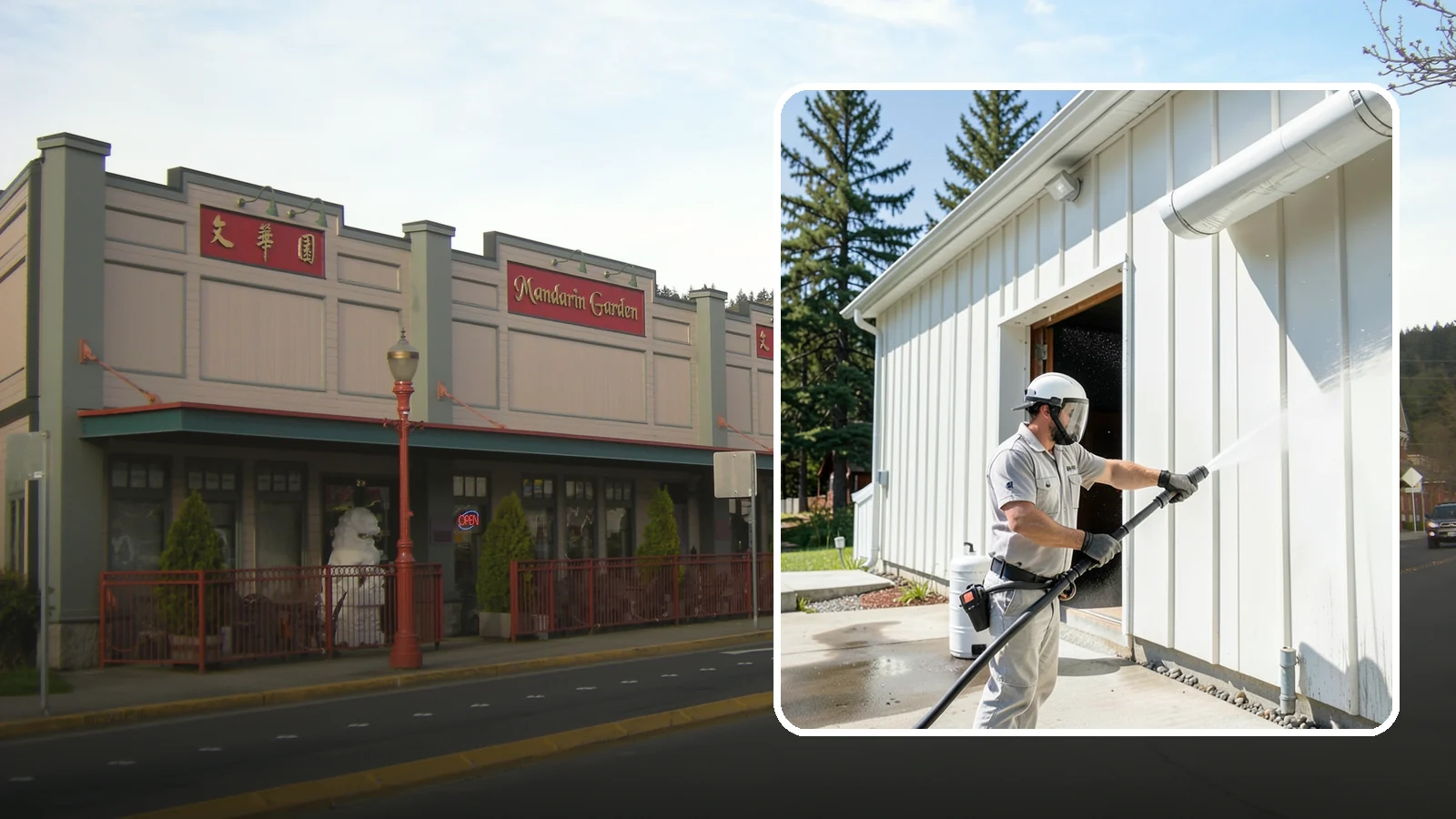 Warehouse Exterior Cleaning in Issaquah, King County, WA - Large-scale washing of warehouse walls, loading areas, and dock aprons that strips road film, diesel soot, and Northwest algae...