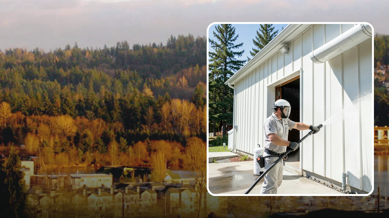 Warehouse Exterior Cleaning in Kenmore, King County, WA - Large-scale washing of warehouse walls, loading areas, and dock aprons that strips road film, diesel soot, and Northwest algae...