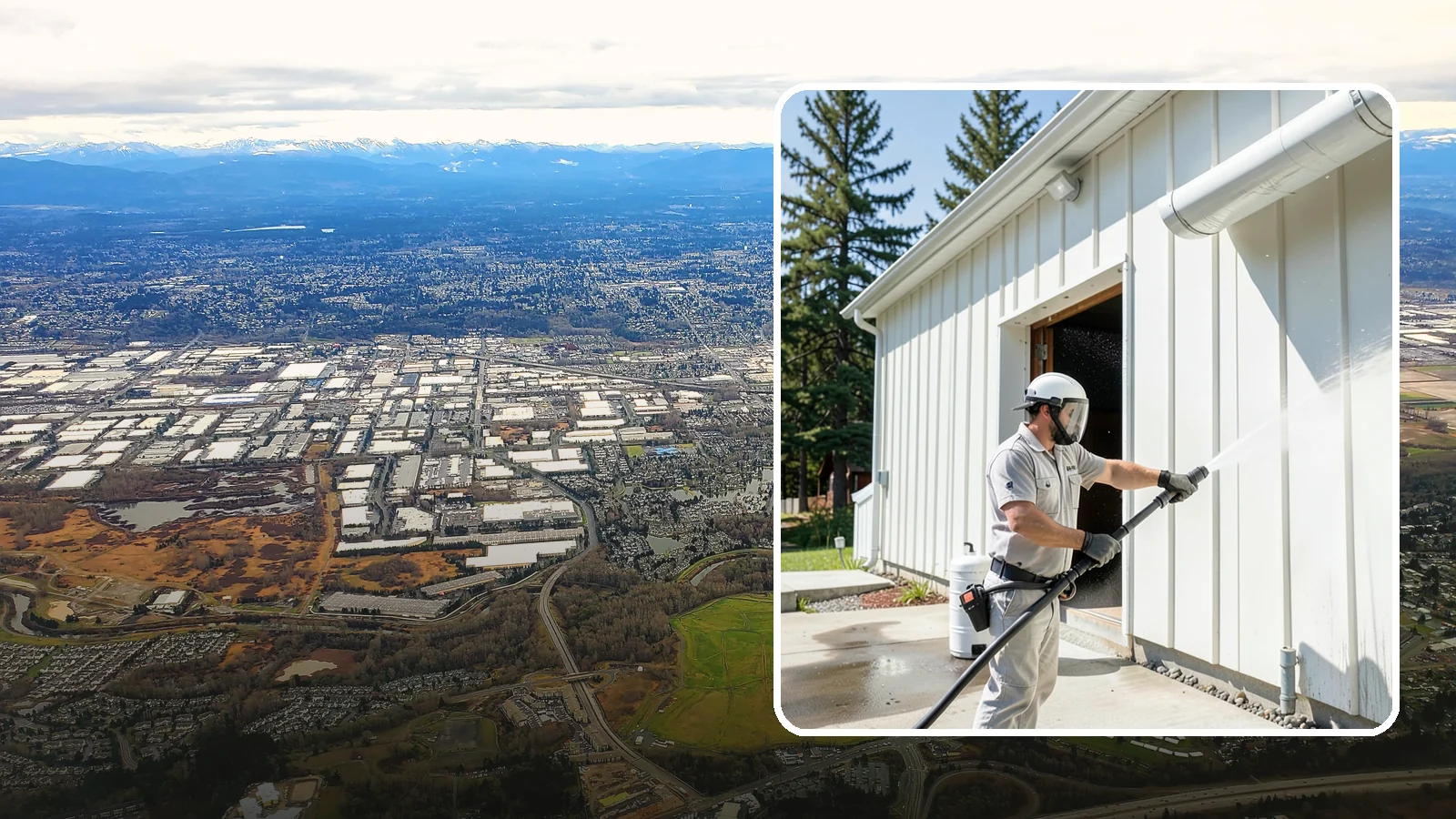 Warehouse Exterior Cleaning in Kent, King County, WA - Large-scale washing of warehouse walls, loading areas, and dock aprons that strips road film, diesel soot, and Northwest algae...