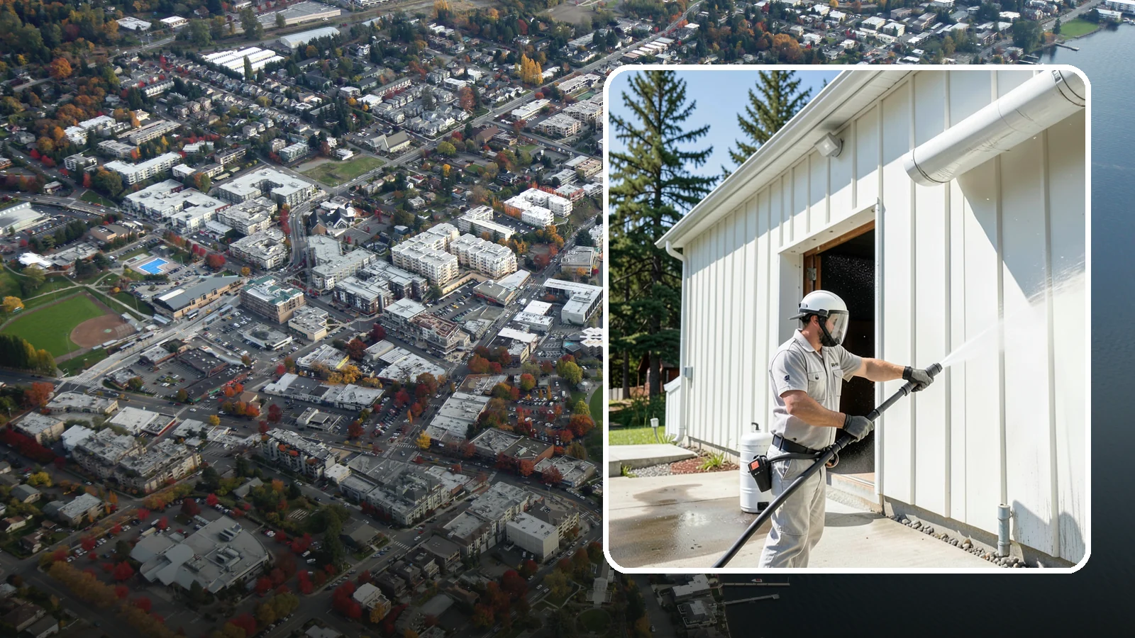 Warehouse Exterior Cleaning in Kirkland, King County, WA - Large-scale washing of warehouse walls, loading areas, and dock aprons that strips road film, diesel soot, and Northwest algae...