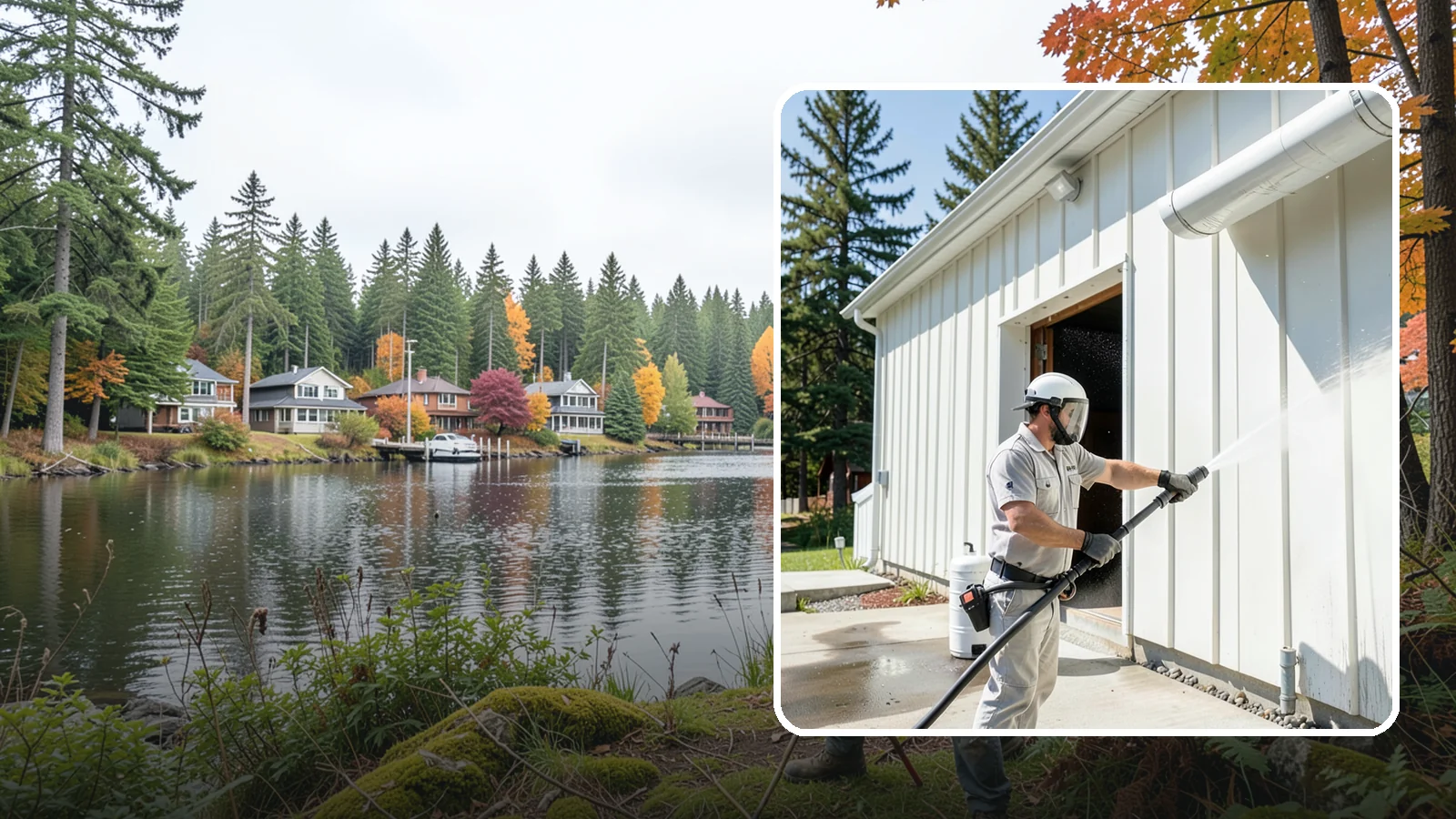 Warehouse Exterior Cleaning in La Conner, Skagit County, WA - Large-scale washing of warehouse walls, loading areas, and dock aprons that strips road film, diesel soot, and Northwest algae...