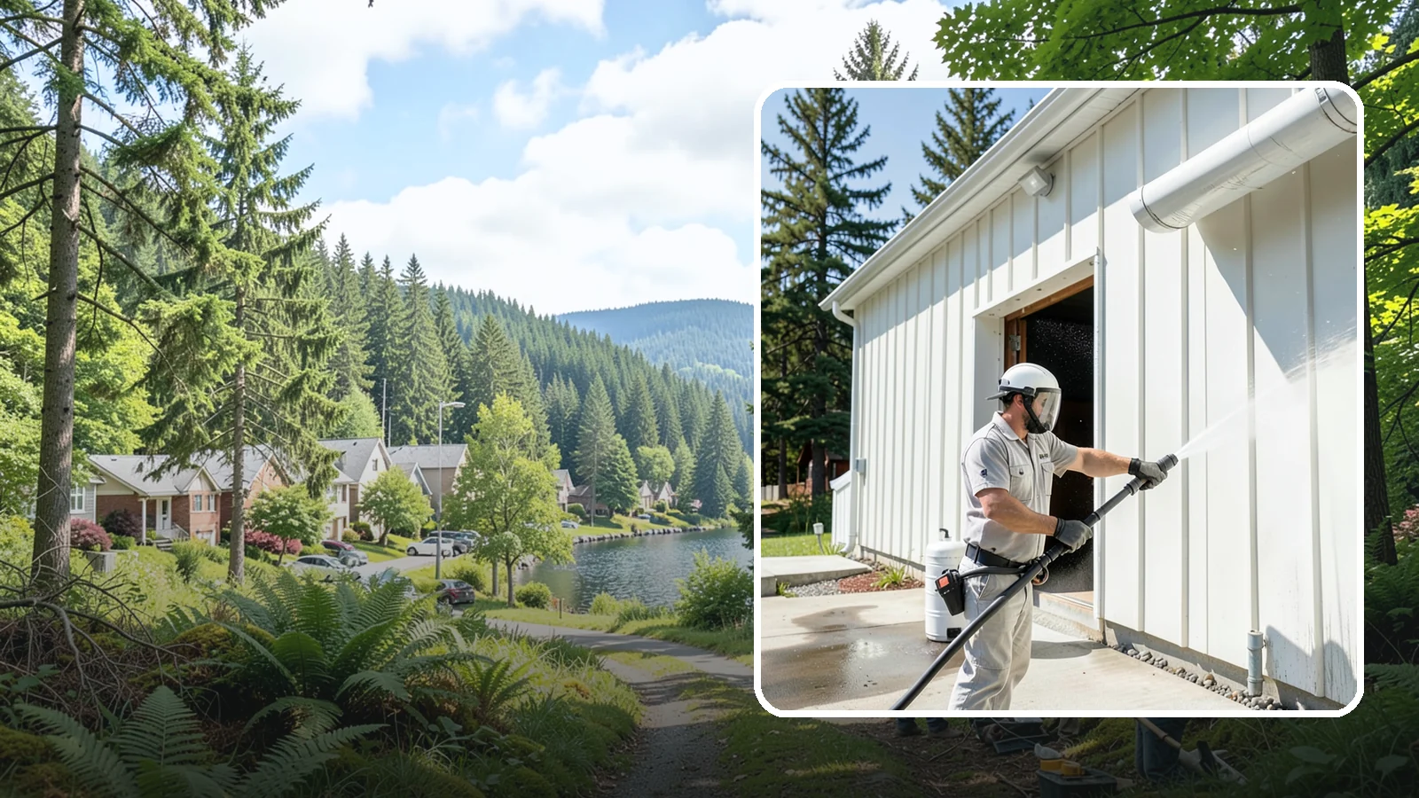 Warehouse Exterior Cleaning in Lake Forest Park, King County, WA - Large-scale washing of warehouse walls, loading areas, and dock aprons that strips road film, diesel soot, and Northwest algae...