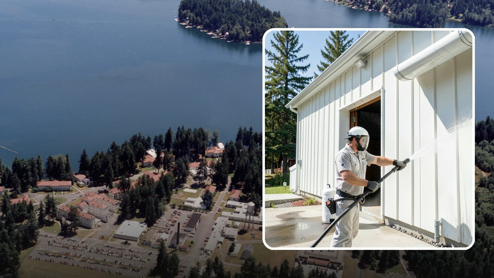 Warehouse Exterior Cleaning in Lakewood, Pierce County, WA - Large-scale washing of warehouse walls, loading areas, and dock aprons that strips road film, diesel soot, and Northwest algae...