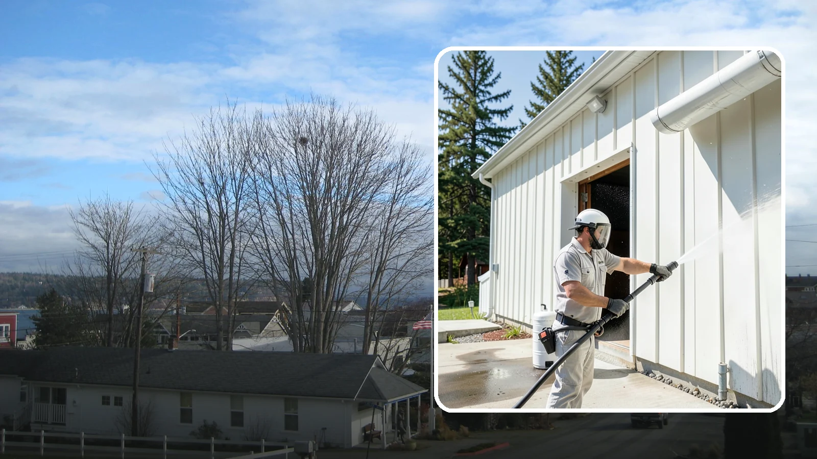 Warehouse Exterior Cleaning in Langley, Island County, WA - Large-scale washing of warehouse walls, loading areas, and dock aprons that strips road film, diesel soot, and Northwest algae...