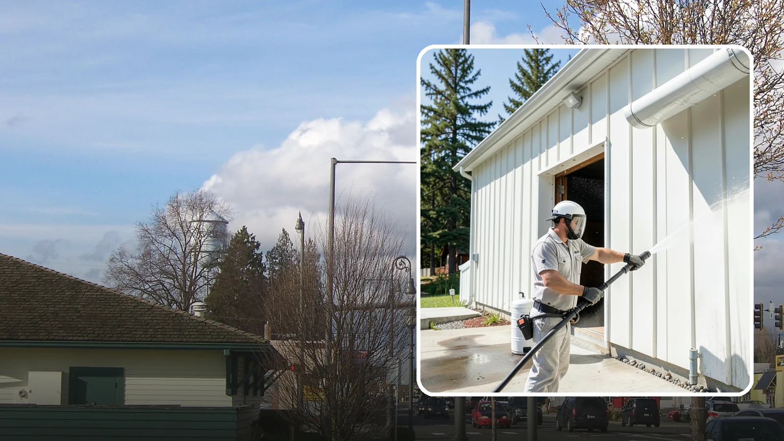 Warehouse Exterior Cleaning in Marysville, Snohomish County, WA - Large-scale washing of warehouse walls, loading areas, and dock aprons that strips road film, diesel soot, and Northwest algae...