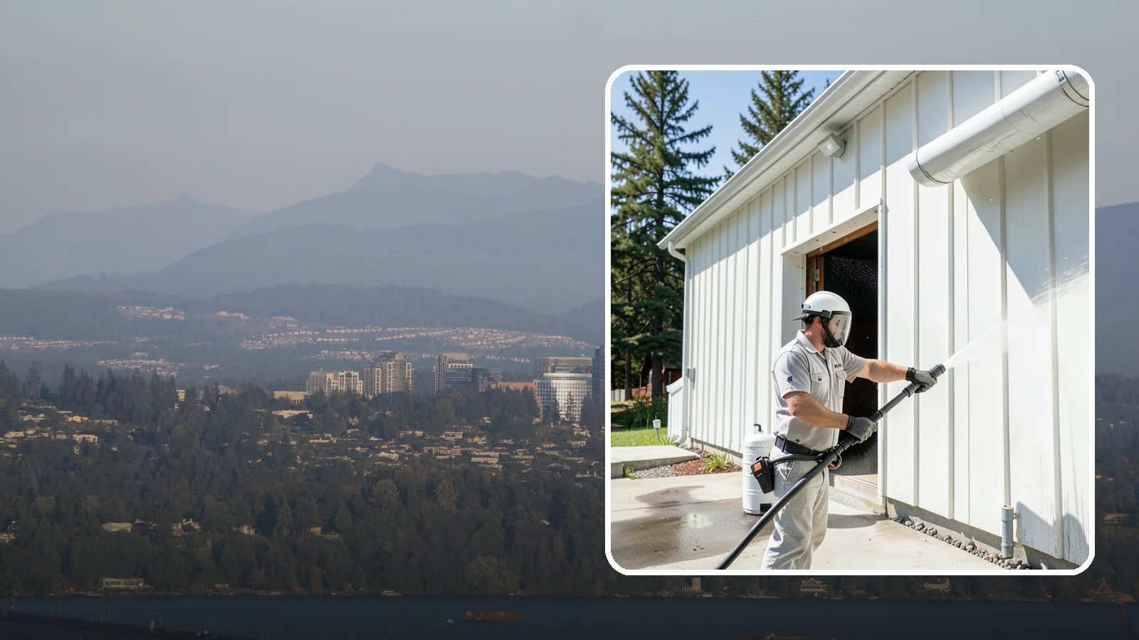 Warehouse Exterior Cleaning in Medina, King County, WA - Large-scale washing of warehouse walls, loading areas, and dock aprons that strips road film, diesel soot, and Northwest algae...