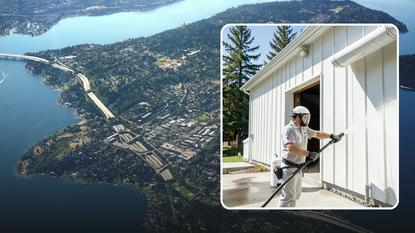 Warehouse Exterior Cleaning in Mercer Island, King County, WA - Large-scale washing of warehouse walls, loading areas, and dock aprons that strips road film, diesel soot, and Northwest algae...