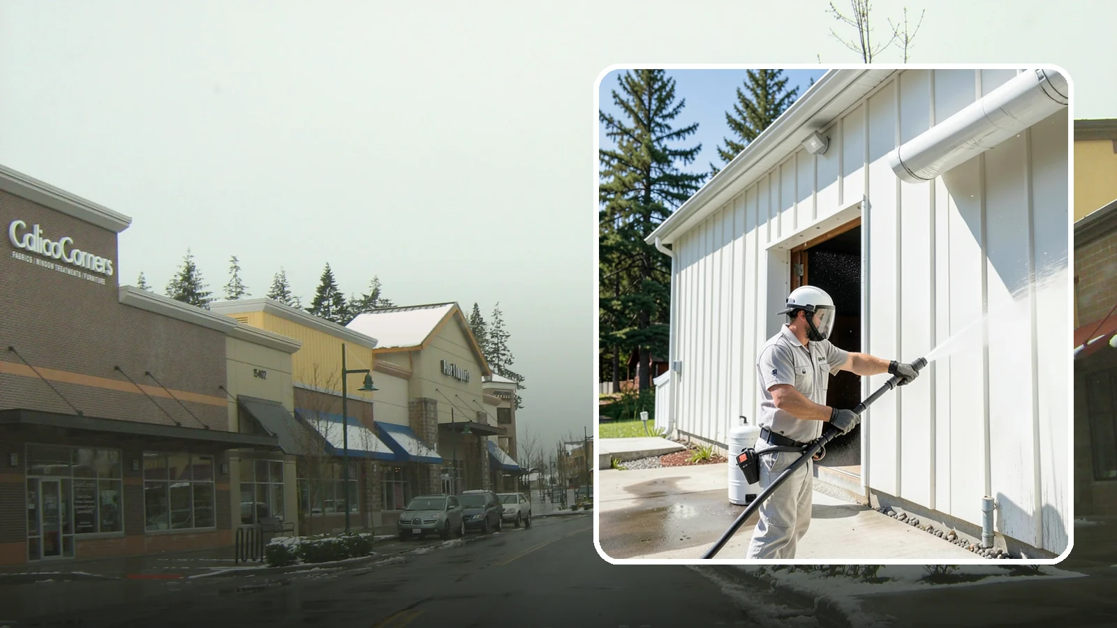 Warehouse Exterior Cleaning in Mill Creek, Snohomish County, WA - Large-scale washing of warehouse walls, loading areas, and dock aprons that strips road film, diesel soot, and Northwest algae...
