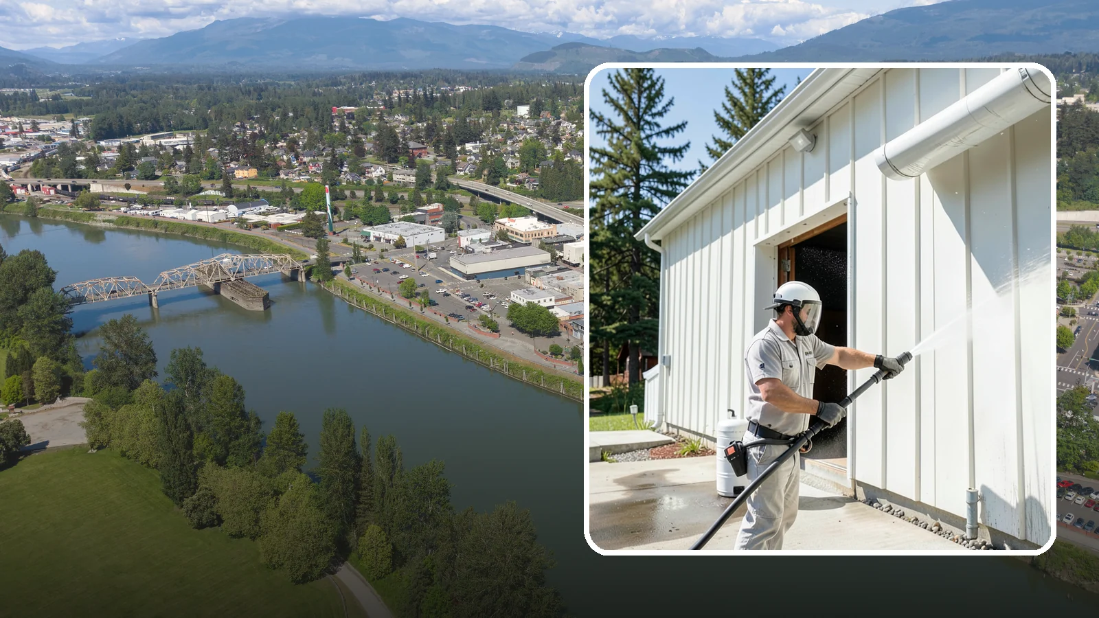 Warehouse Exterior Cleaning in Mount Vernon, Skagit County, WA - Large-scale washing of warehouse walls, loading areas, and dock aprons that strips road film, diesel soot, and Northwest algae...