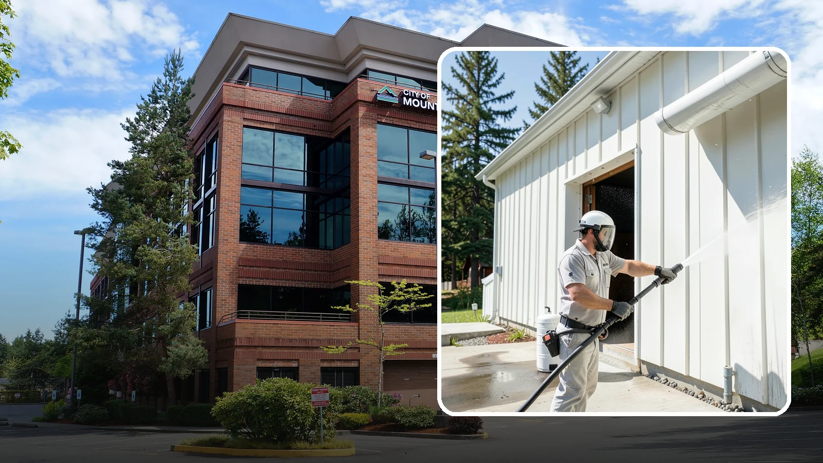 Warehouse Exterior Cleaning in Mountlake Terrace, Snohomish County, WA - Large-scale washing of warehouse walls, loading areas, and dock aprons that strips road film, diesel soot, and Northwest algae...