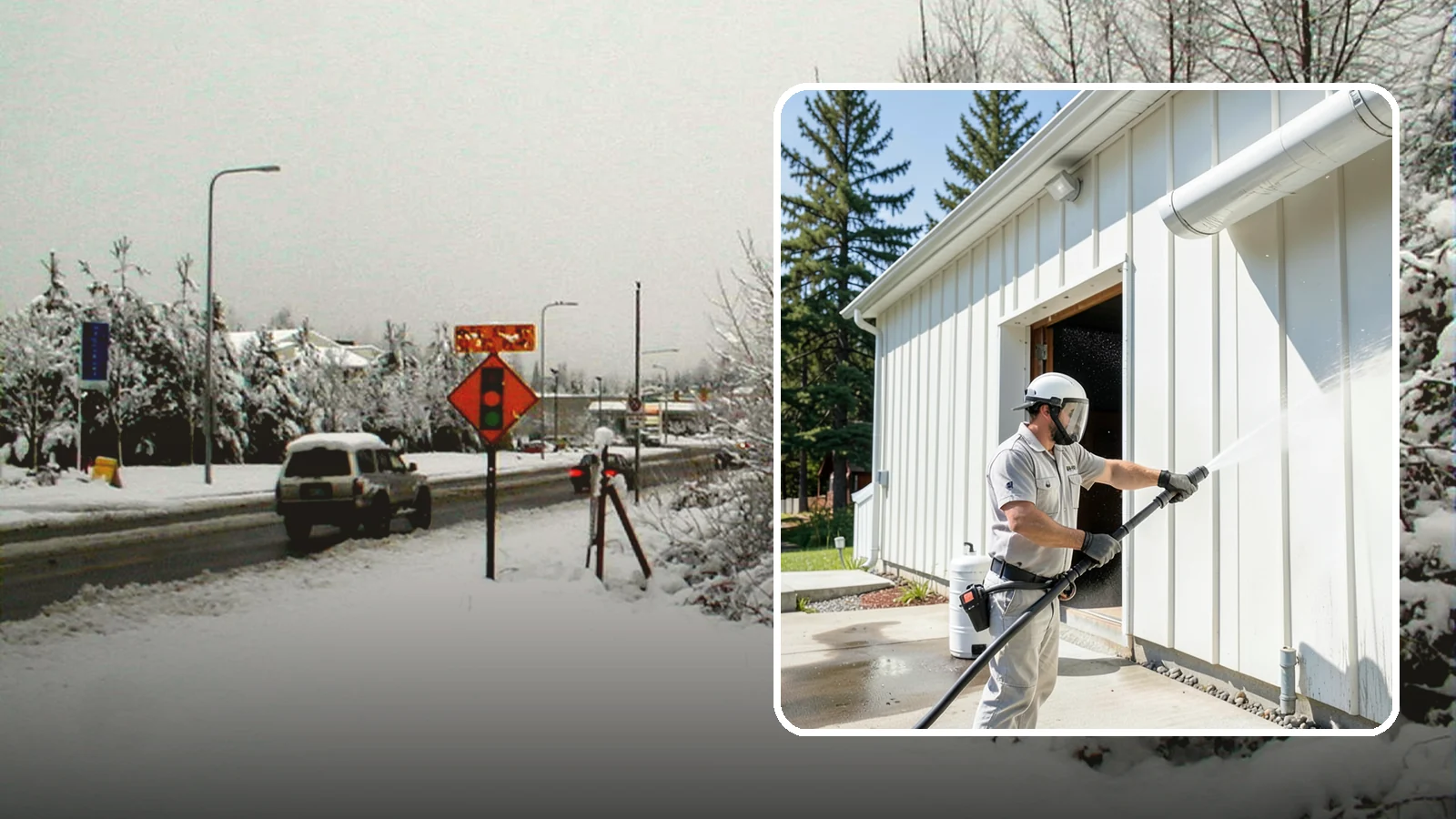 Warehouse Exterior Cleaning in Newcastle, King County, WA - Large-scale washing of warehouse walls, loading areas, and dock aprons that strips road film, diesel soot, and Northwest algae...
