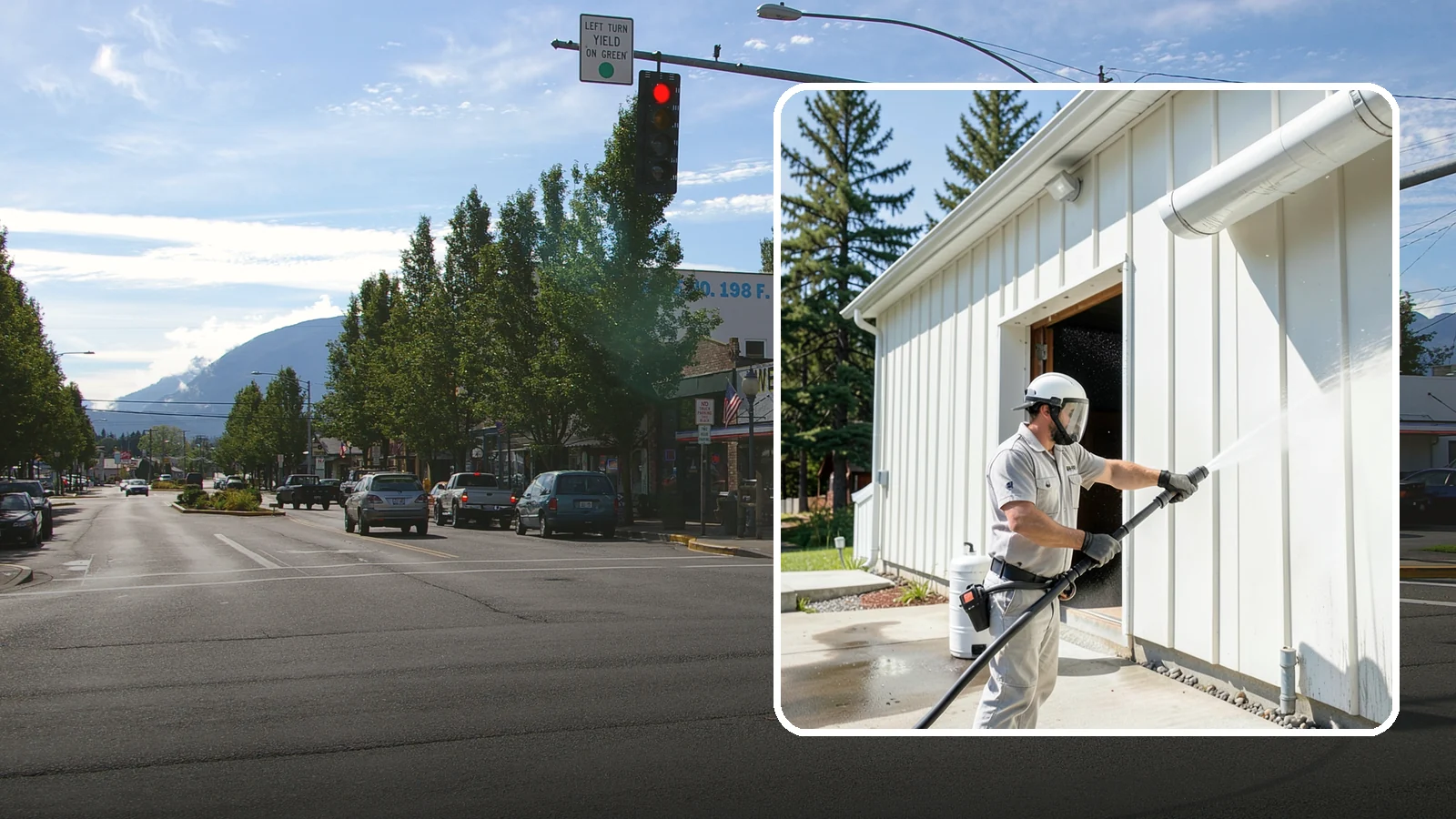 Warehouse Exterior Cleaning in North Bend, King County, WA - Large-scale washing of warehouse walls, loading areas, and dock aprons that strips road film, diesel soot, and Northwest algae...