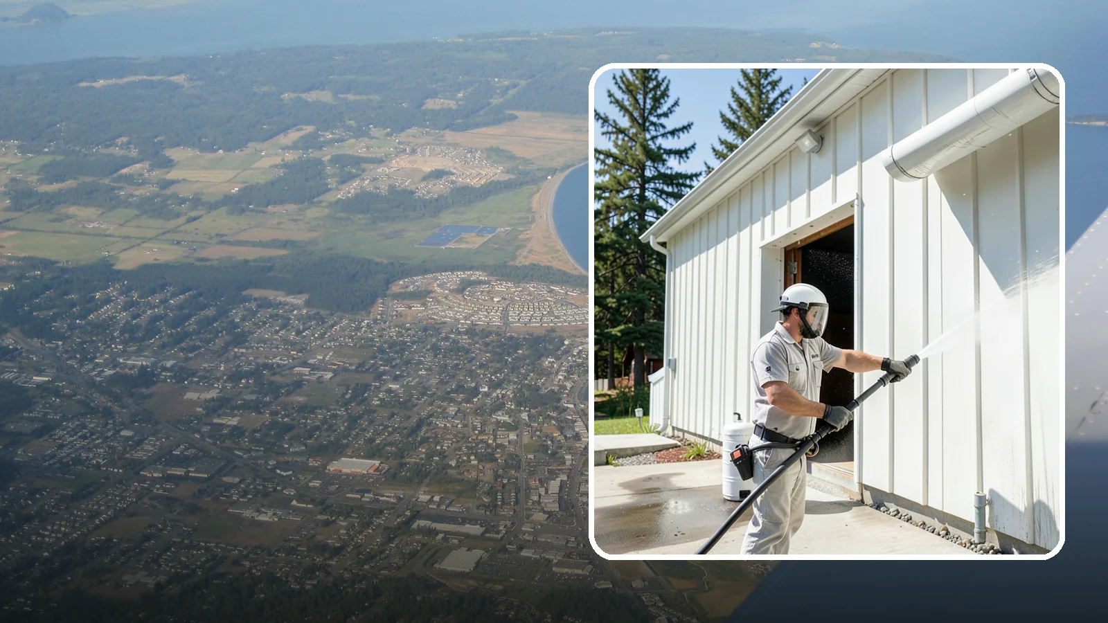 Warehouse Exterior Cleaning in Oak Harbor, Island County, WA - Large-scale washing of warehouse walls, loading areas, and dock aprons that strips road film, diesel soot, and Northwest algae...