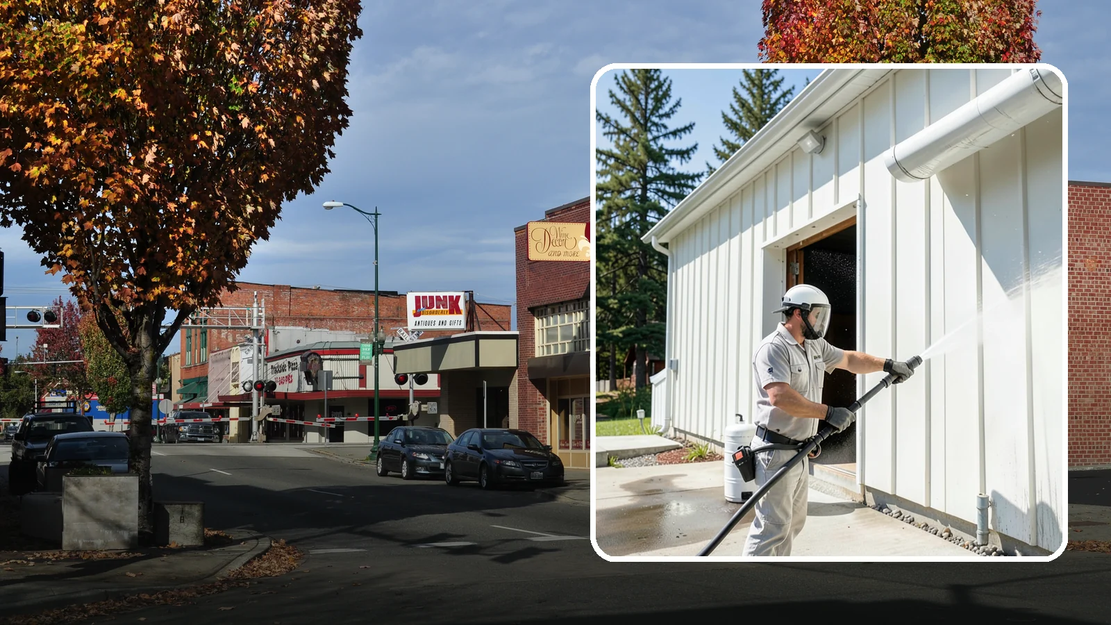 Warehouse Exterior Cleaning in Puyallup, Pierce County, WA - Large-scale washing of warehouse walls, loading areas, and dock aprons that strips road film, diesel soot, and Northwest algae...