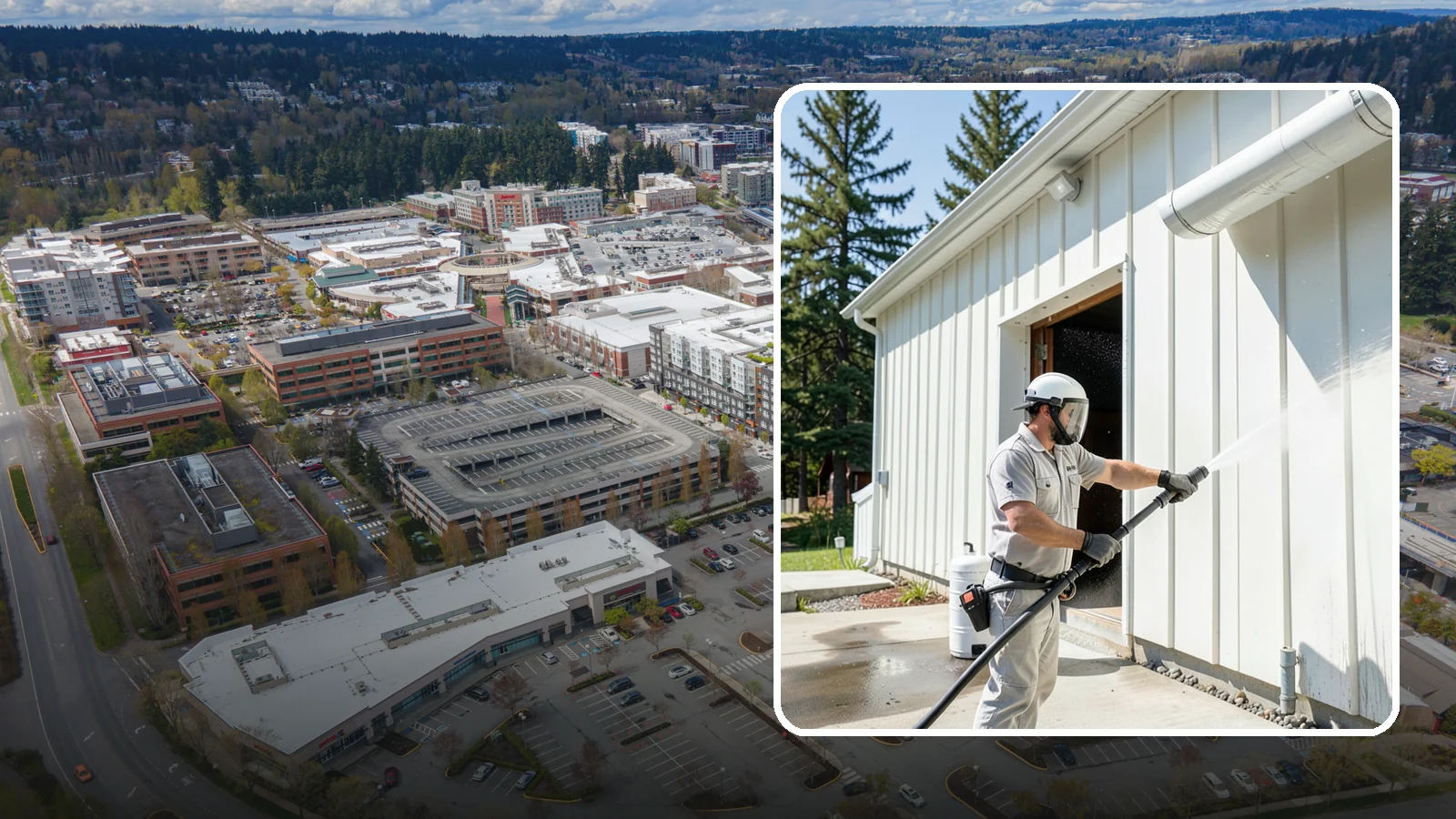 Warehouse Exterior Cleaning in Redmond, King County, WA - Large-scale washing of warehouse walls, loading areas, and dock aprons that strips road film, diesel soot, and Northwest algae...