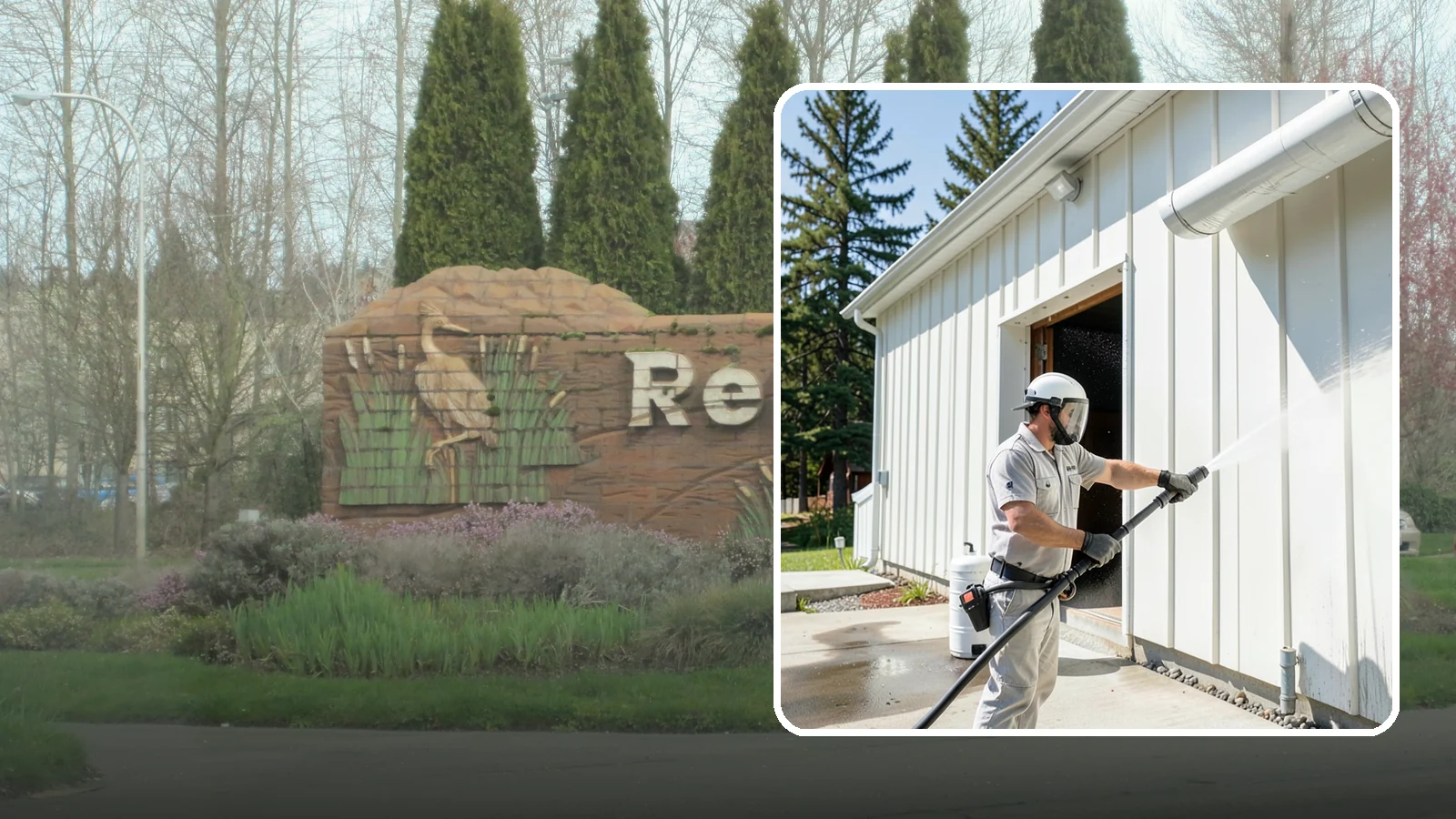Warehouse Exterior Cleaning in Renton, King County, WA - Large-scale washing of warehouse walls, loading areas, and dock aprons that strips road film, diesel soot, and Northwest algae...