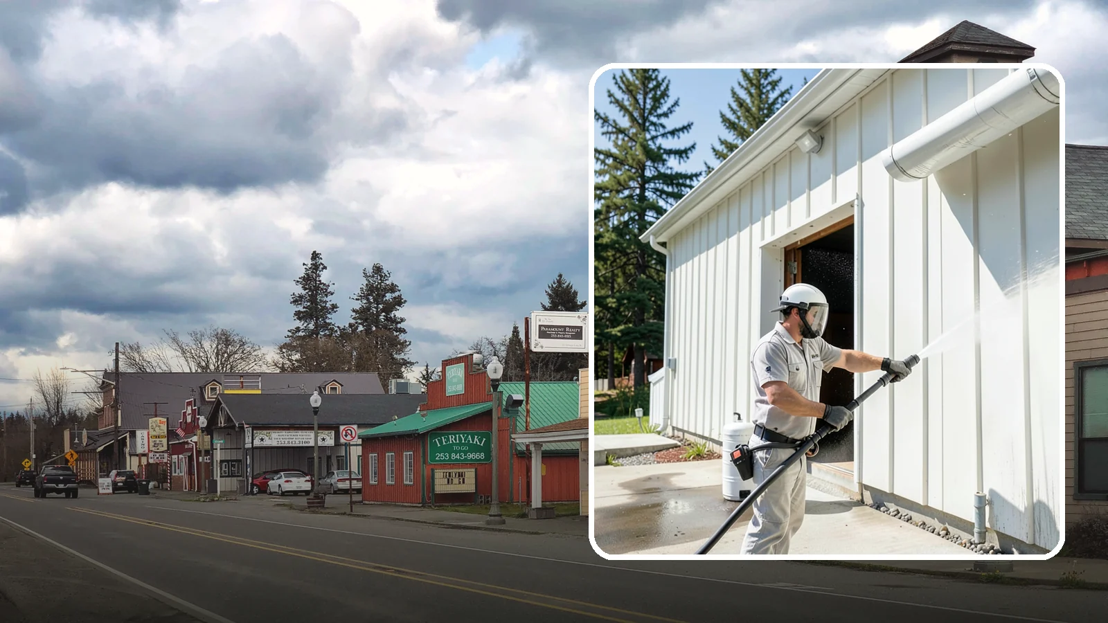 Warehouse Exterior Cleaning in Roy, Pierce County, WA - Large-scale washing of warehouse walls, loading areas, and dock aprons that strips road film, diesel soot, and Northwest algae...