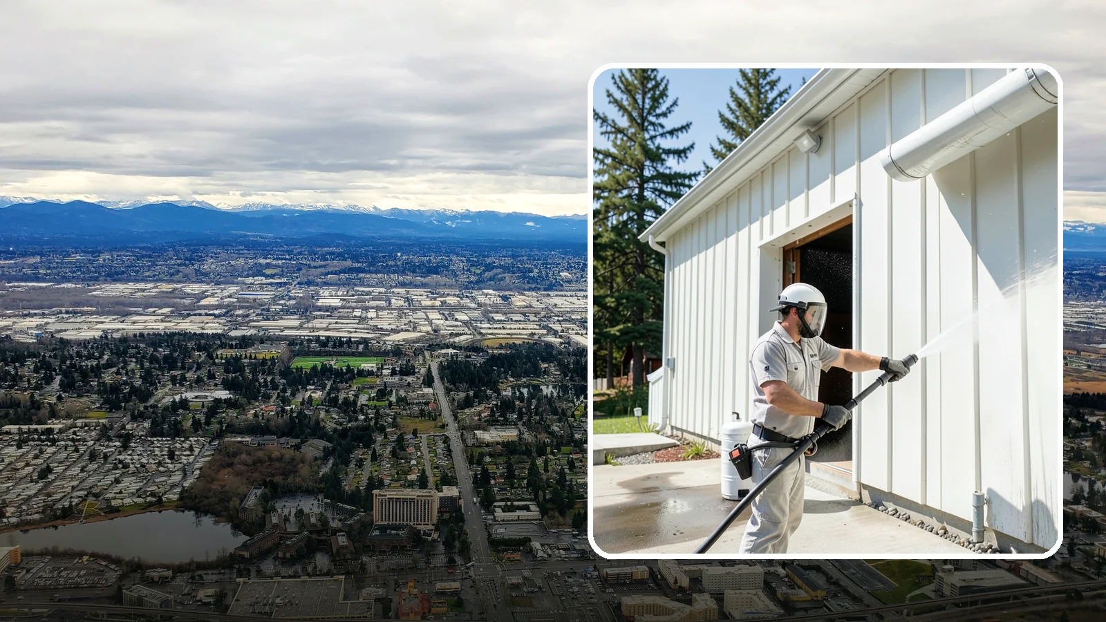 Warehouse Exterior Cleaning in SeaTac, King County, WA - Large-scale washing of warehouse walls, loading areas, and dock aprons that strips road film, diesel soot, and Northwest algae...