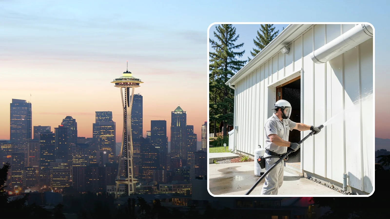Warehouse Exterior Cleaning in Seattle, King County, WA - Large-scale washing of warehouse walls, loading areas, and dock aprons that strips road film, diesel soot, and Northwest algae...