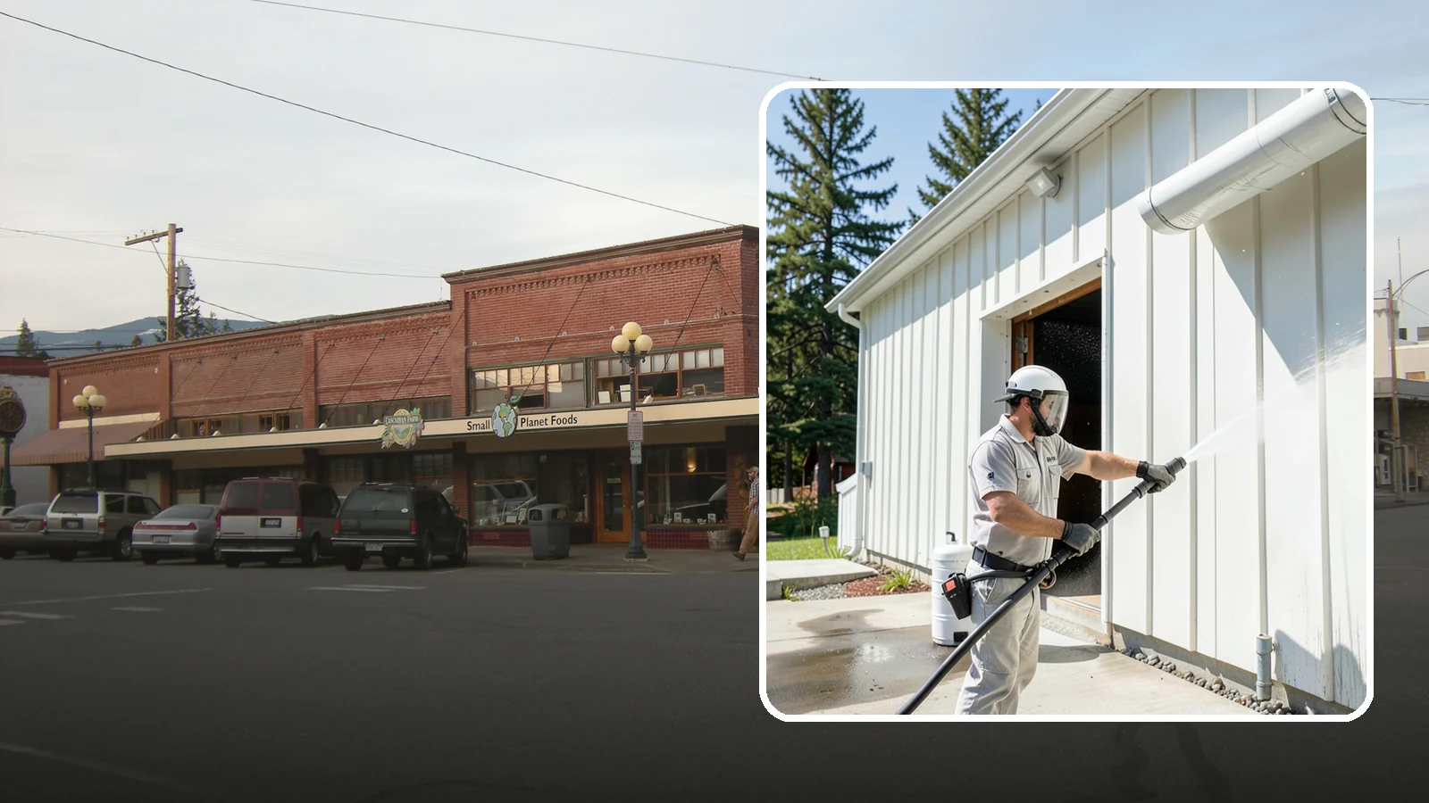 Warehouse Exterior Cleaning in Sedro-Woolley, Skagit County, WA - Large-scale washing of warehouse walls, loading areas, and dock aprons that strips road film, diesel soot, and Northwest algae...