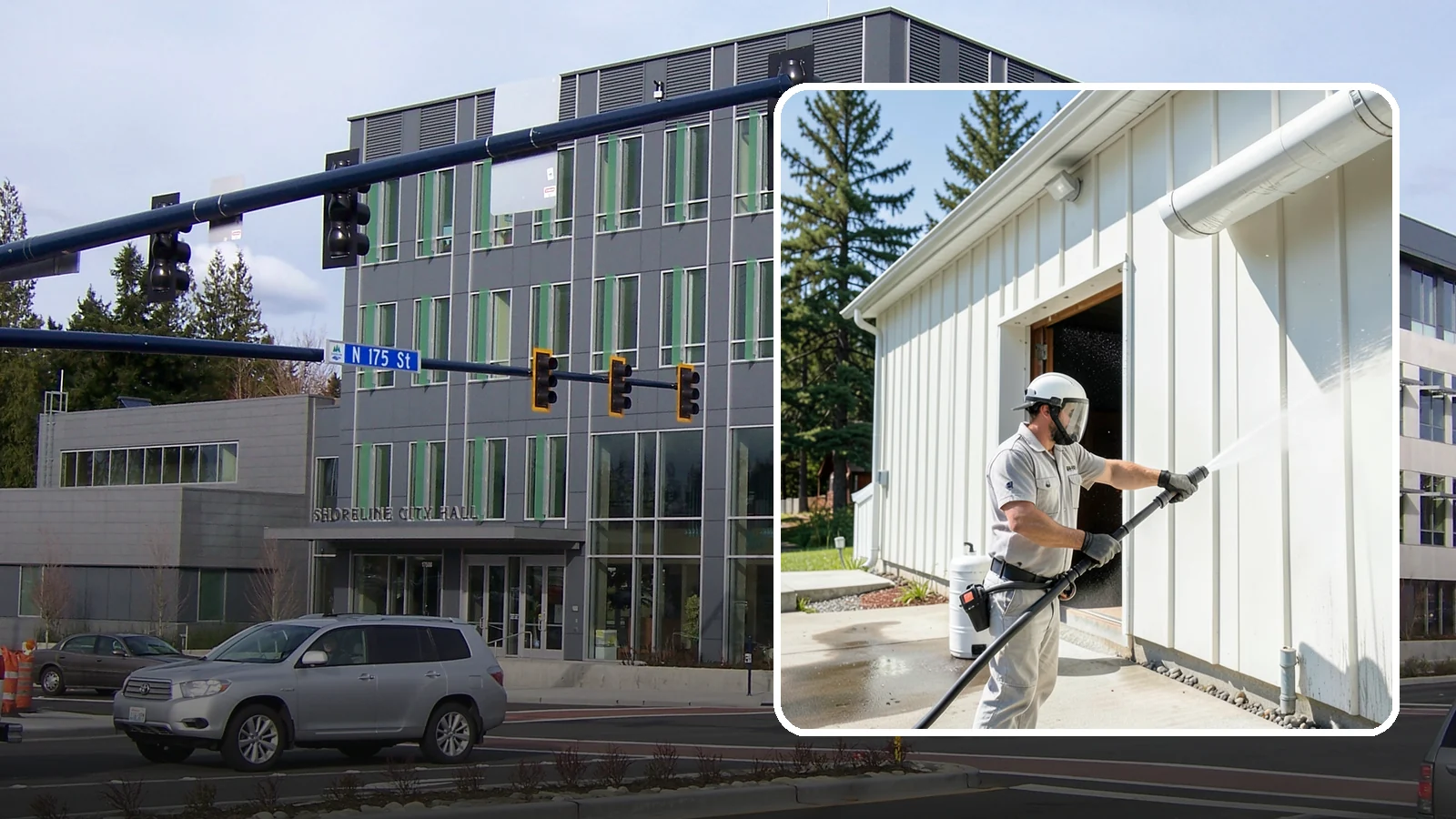 Warehouse Exterior Cleaning in Shoreline, King County, WA - Large-scale washing of warehouse walls, loading areas, and dock aprons that strips road film, diesel soot, and Northwest algae...